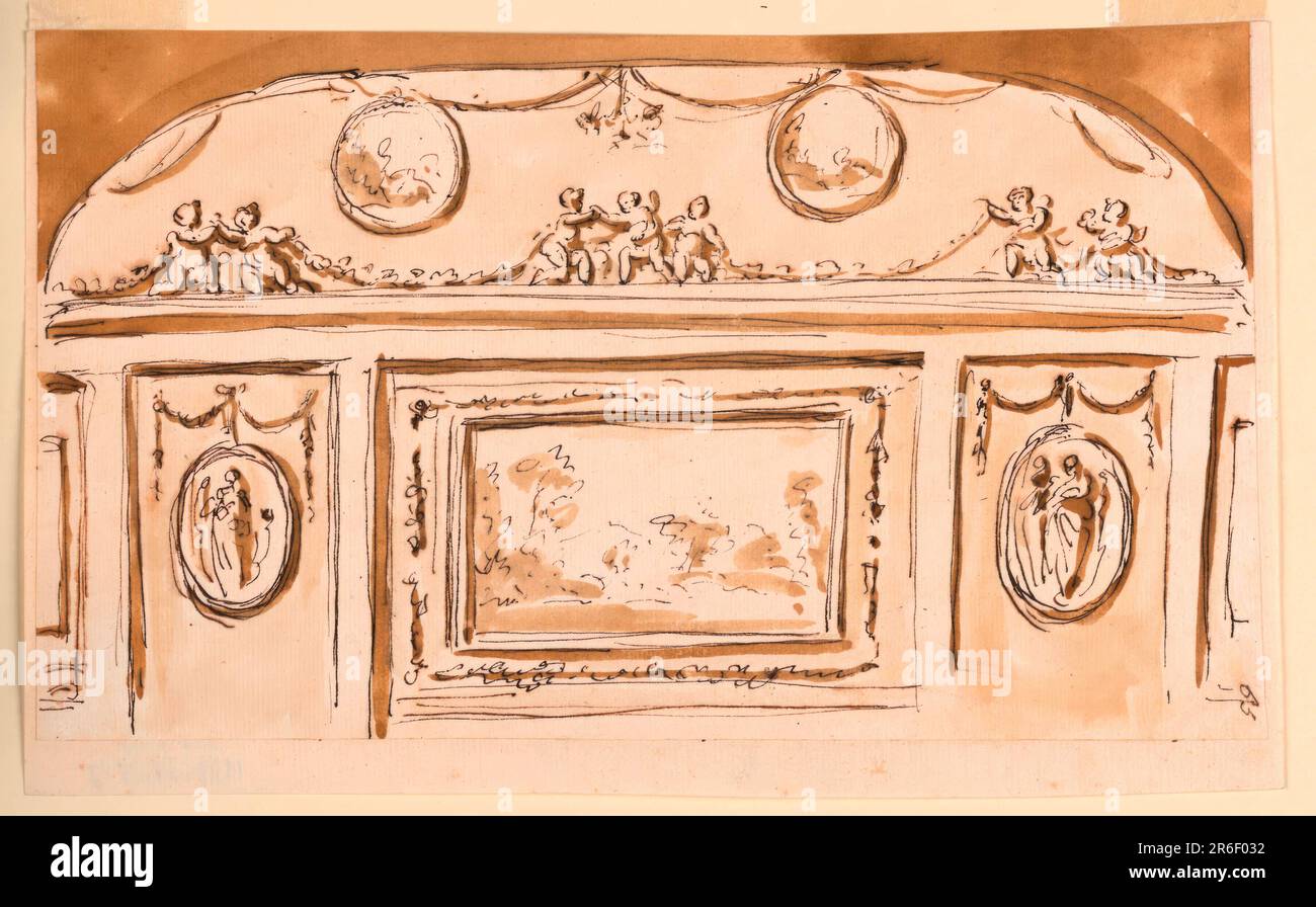 Design for wall elevation with swags, vegetal motifs, putti, and figural medallions, with a large landscape at center. Pen and brown ink, brush and brown wash on off-white laid paper, lined. Date: 1746-1809. Museum: Cooper Hewitt, Smithsonian Design Museum. Stock Photo