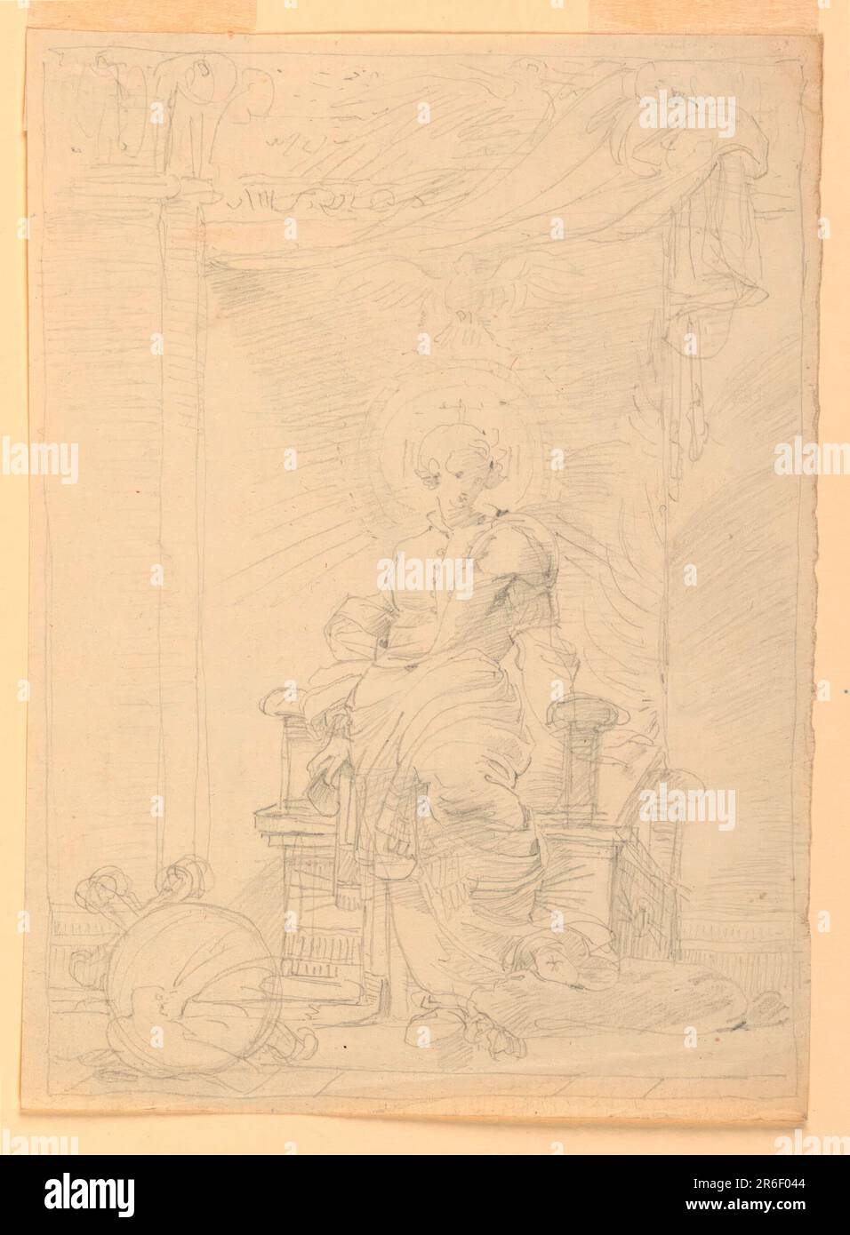 Sketch, Figure in Classical Throne with Attributes of Christianity or War. Graphite on paper. Date: 1820-1850. Museum: Cooper Hewitt, Smithsonian Design Museum. Stock Photo