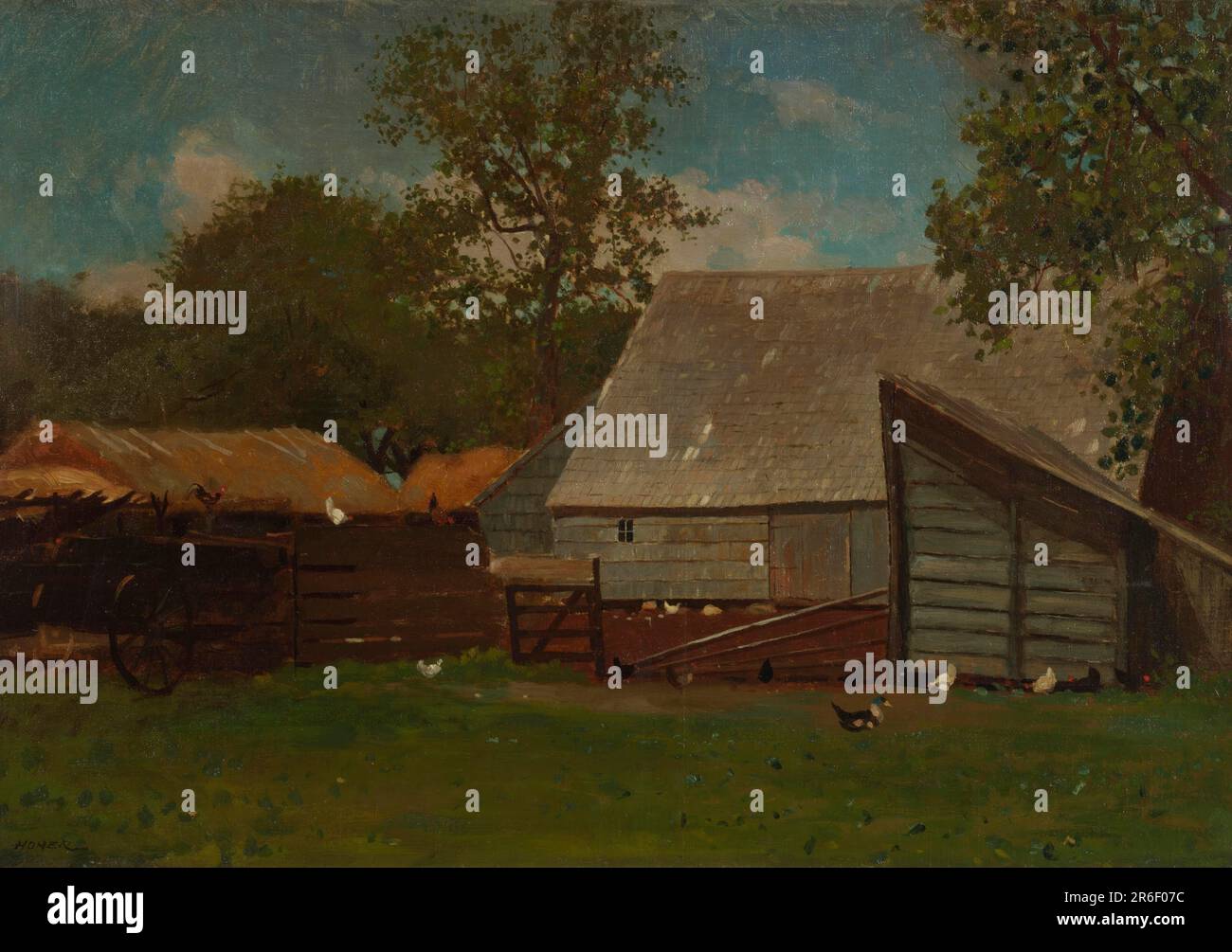 Horizontal view of a barn with a lean-to shed; to left, are two hay-ricks and a farm wagon. Chickens and ducks on fences and in grass, toward foreground; leafy trees surrounding, in background. Date: 1872-73. Brush and oil paint on canvas. Museum: Cooper Hewitt, Smithsonian Design Museum. Stock Photo