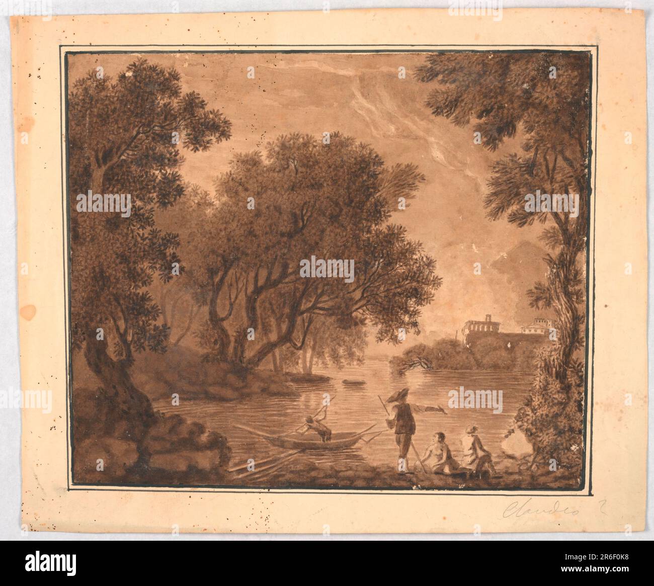 A scene framed by trees. A group of four men at the edge of a body of water. One stands in a boat spearing a fish. Two buildings visible on elevated land in the background. Date: 1770-1786. Pen and brown ink with brown wash on off-white paper, lined. Museum: Cooper Hewitt, Smithsonian Design Museum. Stock Photo