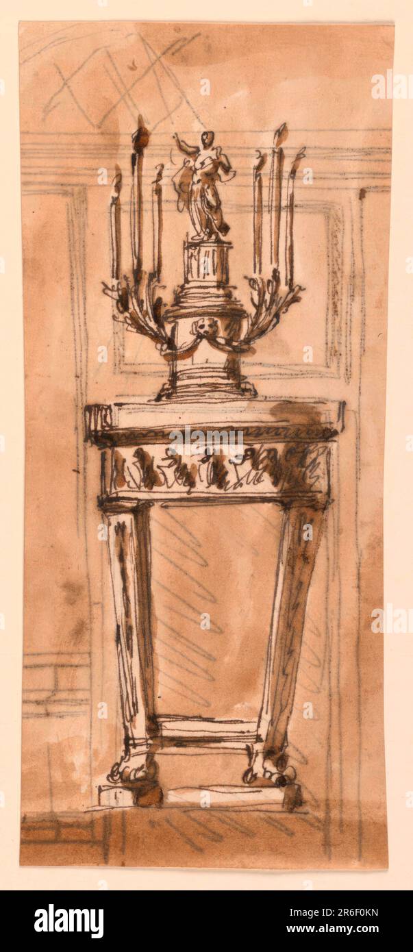 The supports are two oblique pillars with lion's feet connected above these by moldings. The frame has the shape of a frieze with figures, the top has the shape of cornices of an entablature. The candlestick is a variation of -2030, the pedestal having also a round shape, the lion's mask, the festoons and the brakcets being attached to it. The column is fluted. Usual background. On the reverse is part of a project, in ink, of the decoration of the entrance wall of a room. Above a door is a panel, beside it, at left, a dado and a panel. Above is an entablature and the vaulted lower part of the Stock Photo