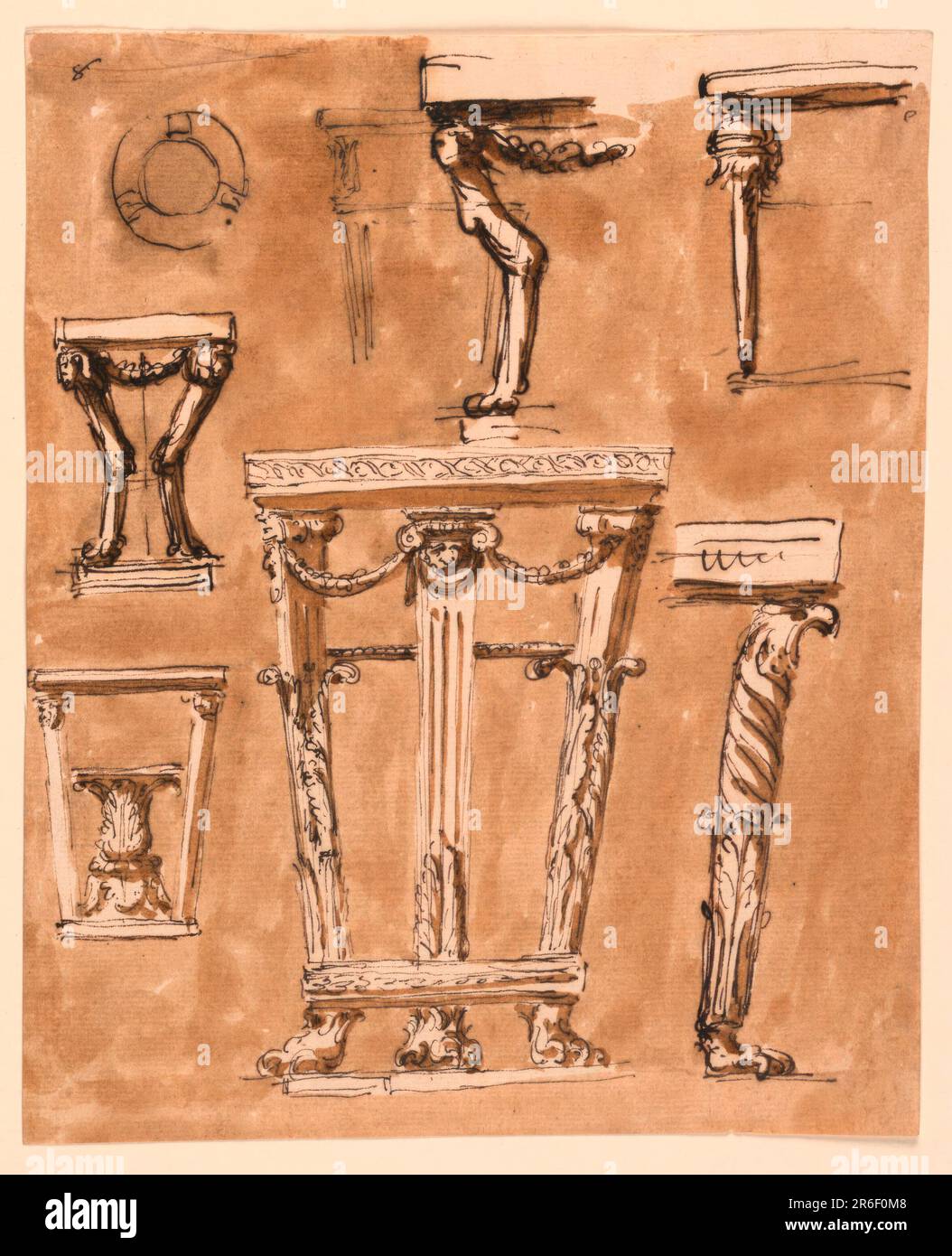 Left row: a plan of a round table, designs for two console tables. The upper one supported by two wingless chimerae, connected above by a festoon and standing in profile upon a base. The lower one is supported by two obliquely outward turned columns upon a base, iupon which stands inside an acanthus plant, probably containing a bowl. Center row: above a sketch of a console table partly overdrawn by the project of the left side of a console table, like the one upper left. Below: a console table supported upon a base by three pillars with lion's feet. They are fluted and foliated, the lateral on Stock Photo