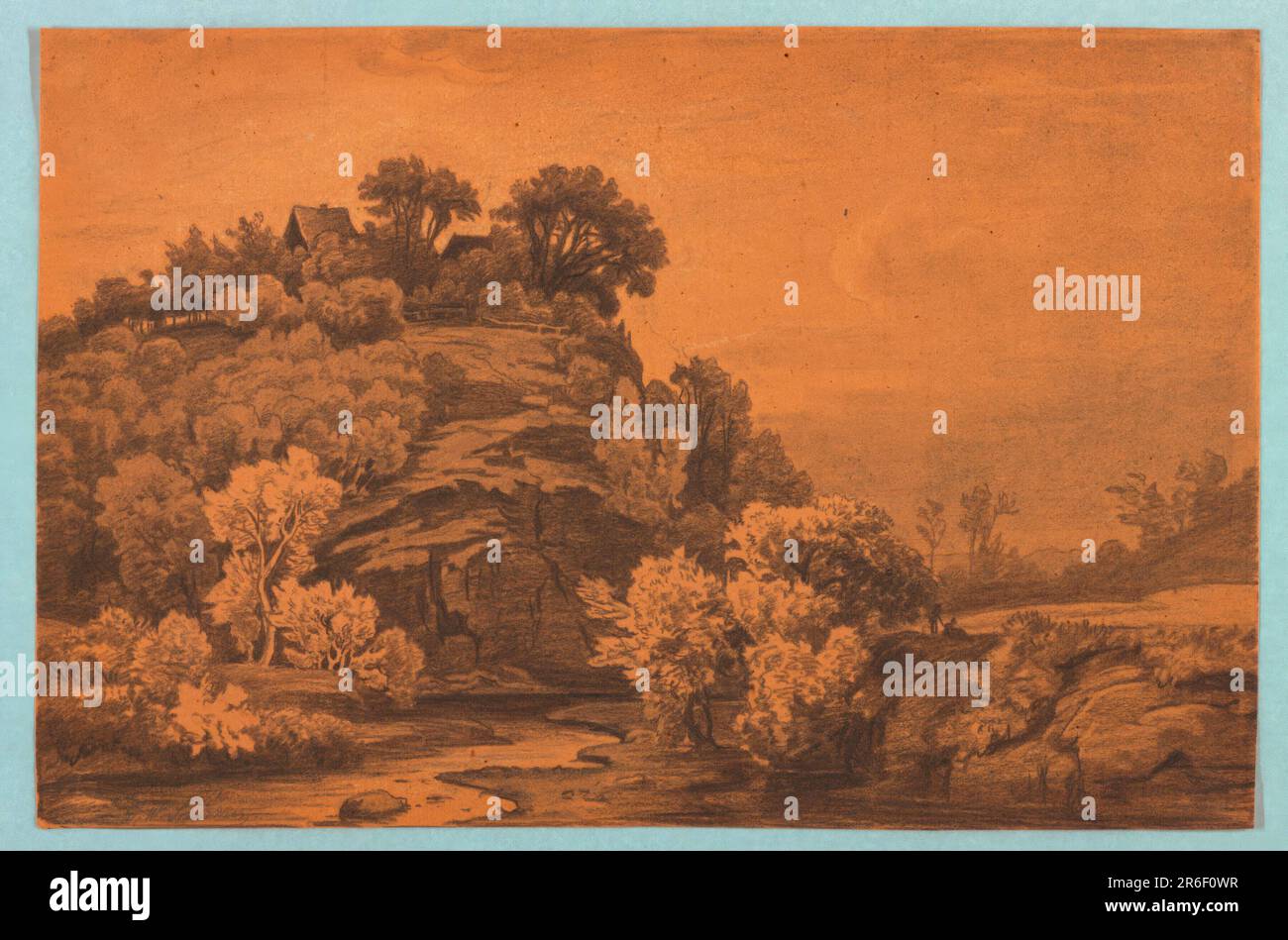 Landscape with Houses on a Wide Bluff. Black chald and white heightening on brown paper. Date: ca. 1840-1860. Museum: Cooper Hewitt, Smithsonian Design Museum. Stock Photo
