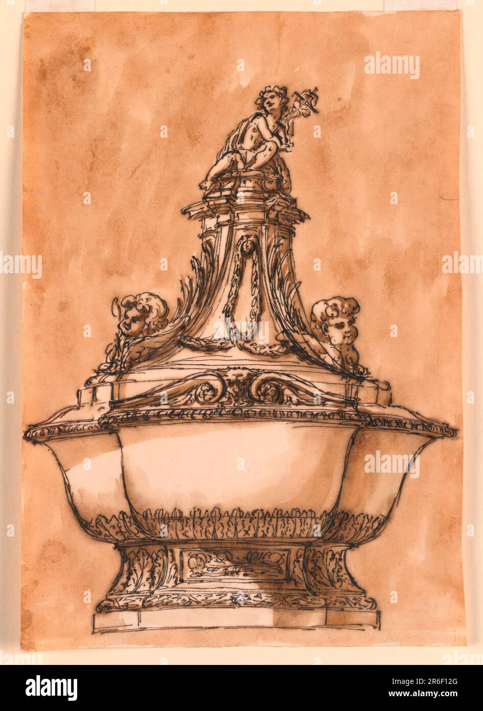 A variation of -1416. The main difference is the low base on the lid. On top sits St. John the Baptist, as a boy, with the cross staff. Usual background. Date: ca. 1775. Pen and brown ink, brush and brown wash on lined off-white laid paper. Museum: Cooper Hewitt, Smithsonian Design Museum. Stock Photo