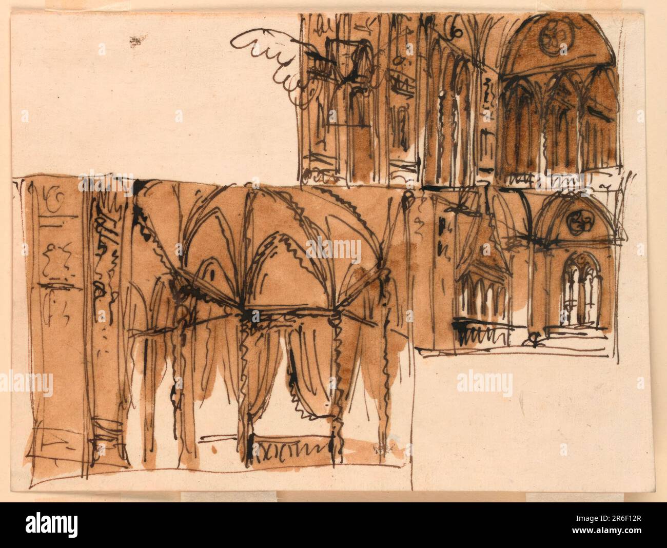 Three different views into the inside of Gothic halls of which one may be ecclesiastical. Pen and brown ink, brush and brown wash on lined off-white laid paper. Date: early 19 century. Museum: Cooper Hewitt, Smithsonian Design Museum. Stock Photo