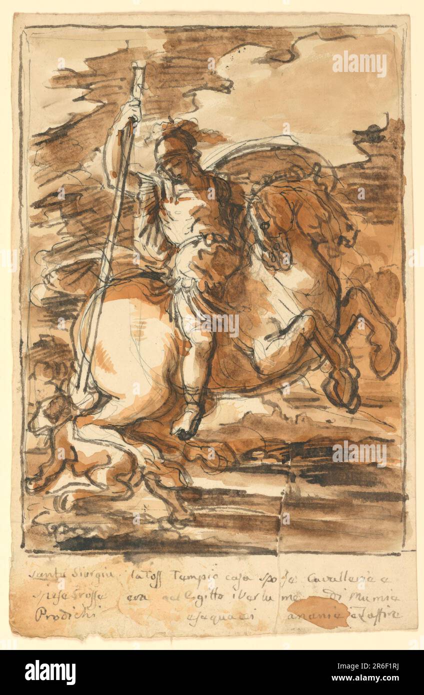 The saint is in full armor, he is shown on a rearing horse, facing right. He raises his spear to strike the dragon, left. Three lines of inscription, in ink, below framing line. Five lines of inscription, reverse. Pen and bistre ink, brush and wash on paper. Date: 1820-1850. Museum: Cooper Hewitt, Smithsonian Design Museum. Stock Photo