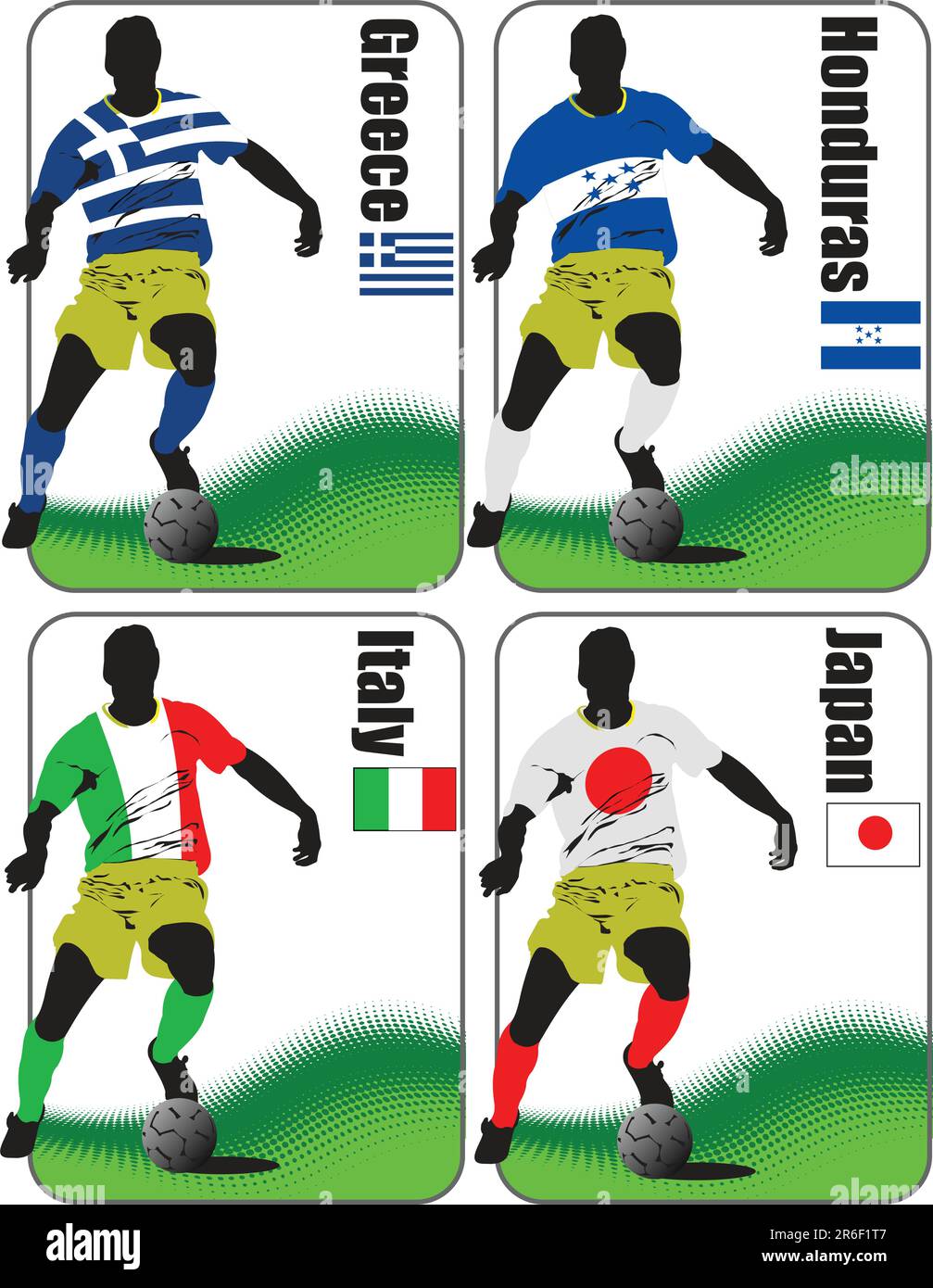 Finals of the World Soccer Cup 2010. 32 teams in T-shirts of the national flags. Greece, Honduras, Italy, Japan Stock Vector