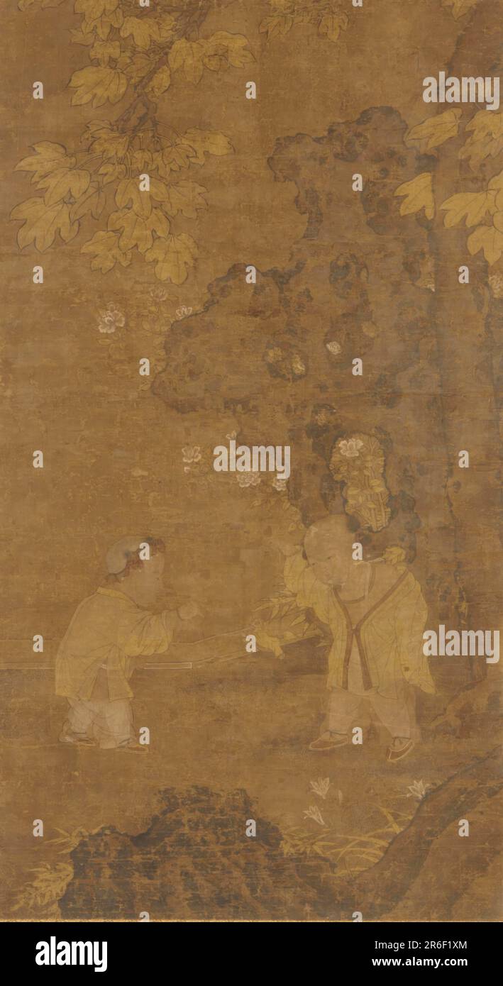 Two boys playing with the puppet of a lion. Origin: China. Period: Ming dynasty. Date: 15th-16th century. Ink and color on silk. Museum: Freer Gallery of Art and Arthur M. Sackler Gallery. Stock Photo