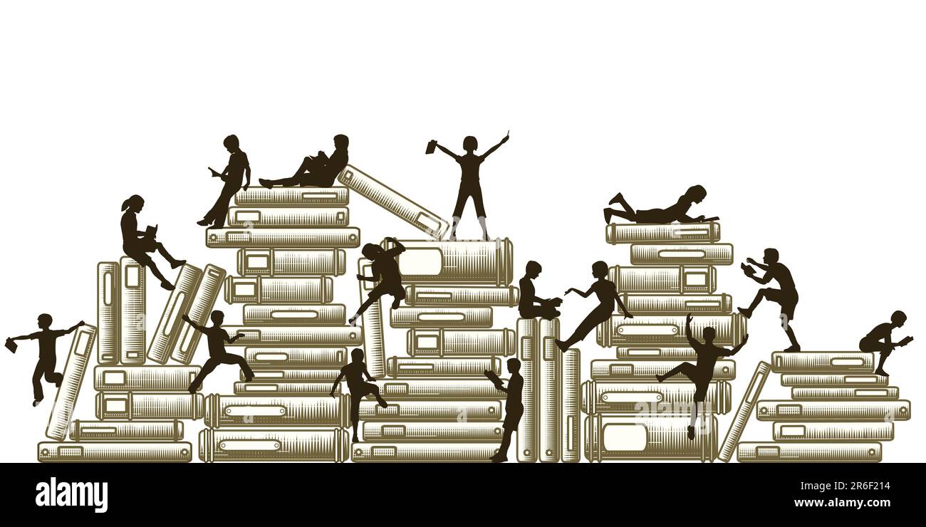 Editable vector illustration of children reading and clambering over piles of books Stock Vector