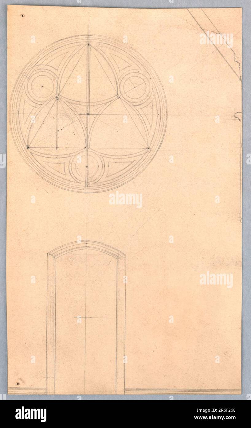 A low narrow door with plain mouldings and a rose window are shown. Part of other details, at right. Verso: Sketch for the head of a woman, recumbent, facing upward, shown from the right cheek, sketched in black crayon. Graphite on paper. Date: 1893-94. Museum: Cooper Hewitt, Smithsonian Design Museum. Stock Photo