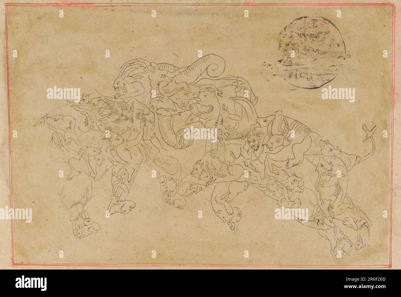 Two composite elephants, fighting. Date: 18th century. Origin: India. Tracing and color on paper. Period: Possibly Mughal dynasty. Museum: Freer Gallery of Art and Arthur M. Sackler Gallery. Stock Photo