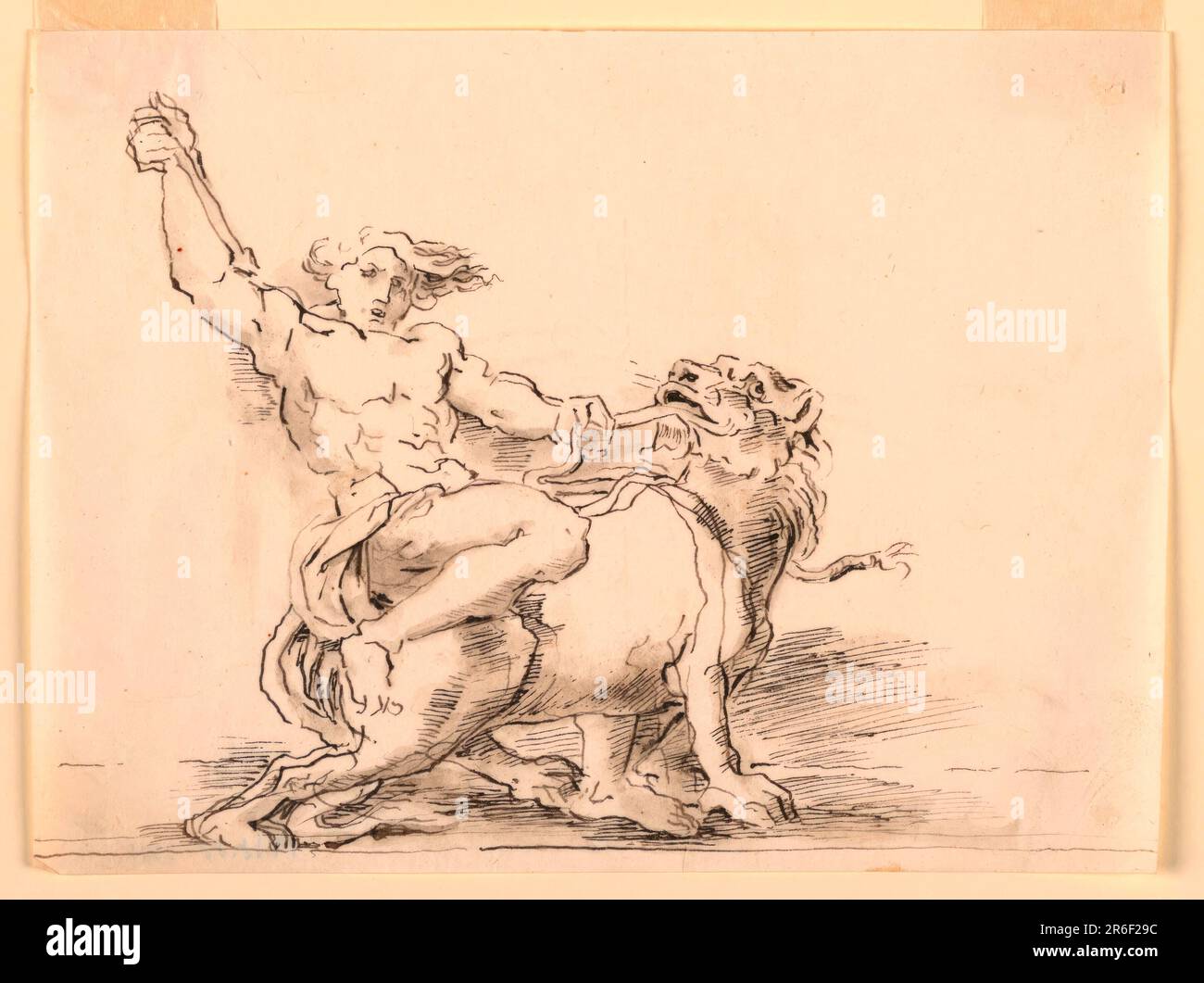 Sketch, Hercules Slaying the Lion (?). Pen and ink, brush and wash on paper. Date: 1820-1850. Museum: Cooper Hewitt, Smithsonian Design Museum. Stock Photo
