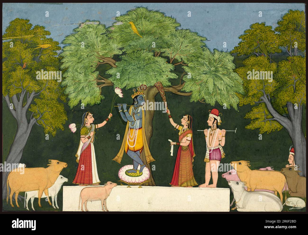 Krishna entertains his companions. Opaque watercolor and gold on paper. Origin: Guler or Chamba, Himachal Pradesh state, India. Date: ca. 1760-1765. Museum: Freer Gallery of Art and Arthur M. Sackler Gallery. Stock Photo