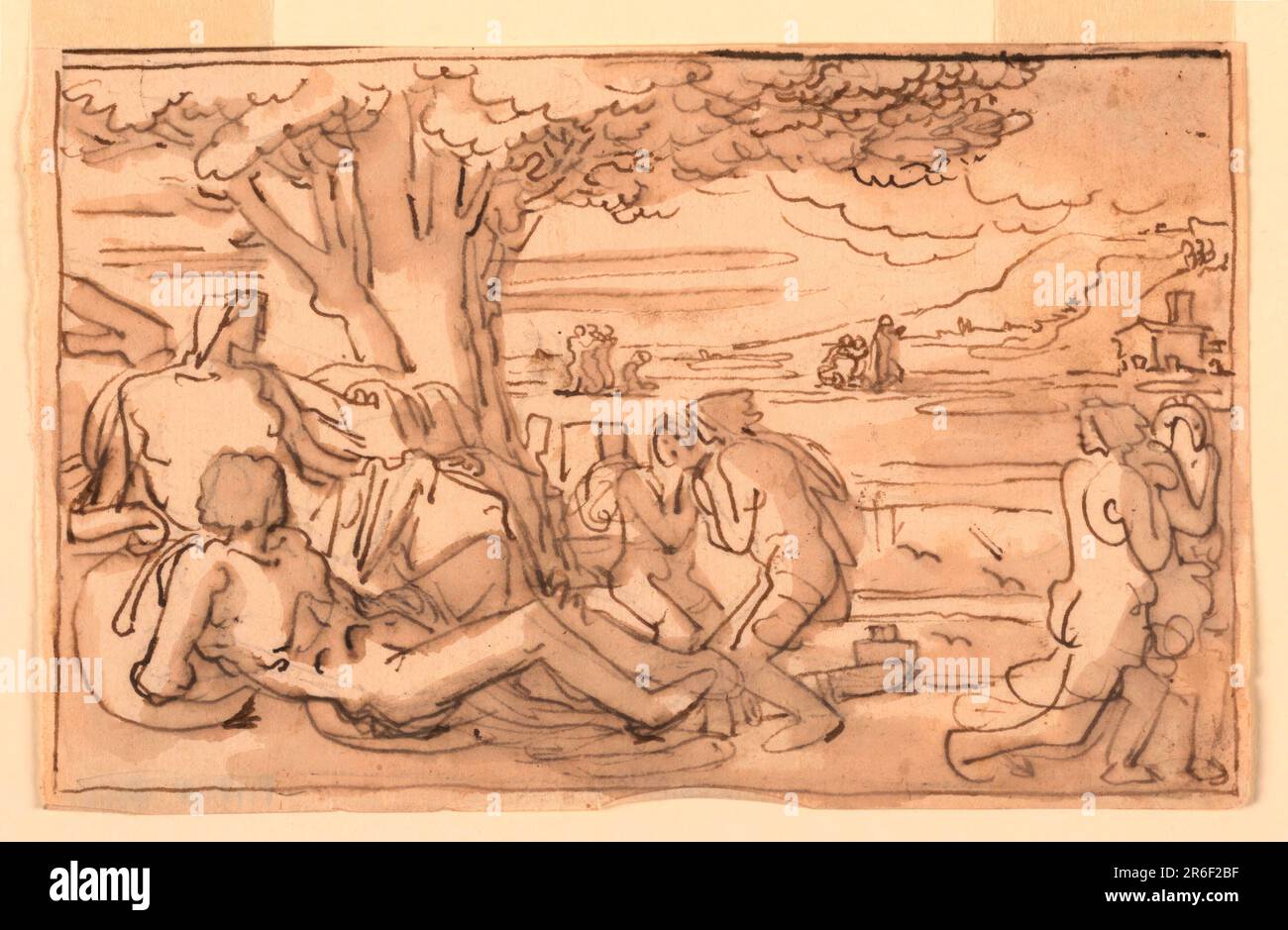 Sketch, Pastoral Scene with Figures in Landscape. Pen and ink, brush and sepia wash on paper. Date: 1820-1850. Museum: Cooper Hewitt, Smithsonian Design Museum. Stock Photo