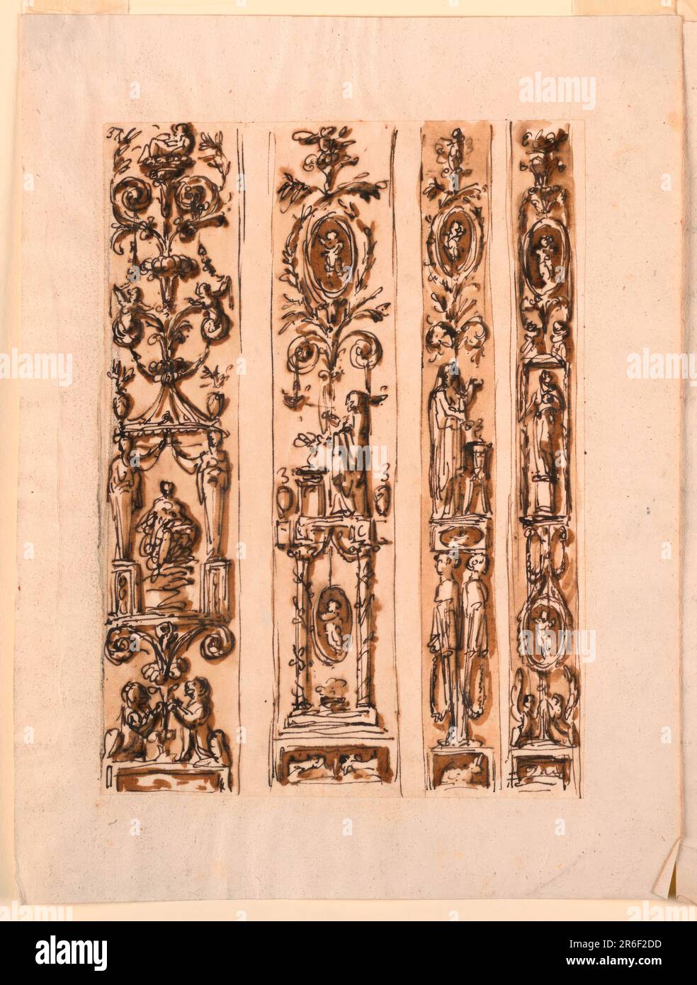 One beside the other, separated by empty strips. Each decoration follows the scheme of the candelabrum, starting below from a box-like base. The first two strips are of a greater width than the last ones. Left row: two crouching lions support the stem of a palmette flower above which rises a pavillion with a goddess inside sitting upon clouds. A plant candelabrum springs from the roof of the pavilion. Charcoal lines are at the left edge. Second row: Two fighting animals are represented at the base. Above is a plant candelabrum, with an ovoidal medallion with a figure in the center. Third row: Stock Photo