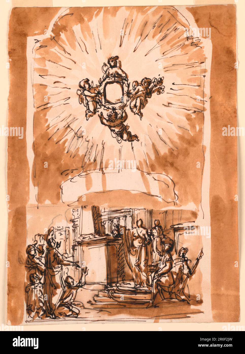 Four flying angels hold a wreath which surrounds the frame of the painting. It forms the center of a glory of rays beneath which is a paper scroll. Beneath, a woman in classical attire is shown putting upon or talking from a pedestal a pitcher. A crowd implores, or thanks her. Architectural setting, the upper part of which is not shown. Colored background. Pen and brown ink, brush and brown wash, graphite. Date: ca. 1773-1774. Museum: Cooper Hewitt, Smithsonian Design Museum. Stock Photo