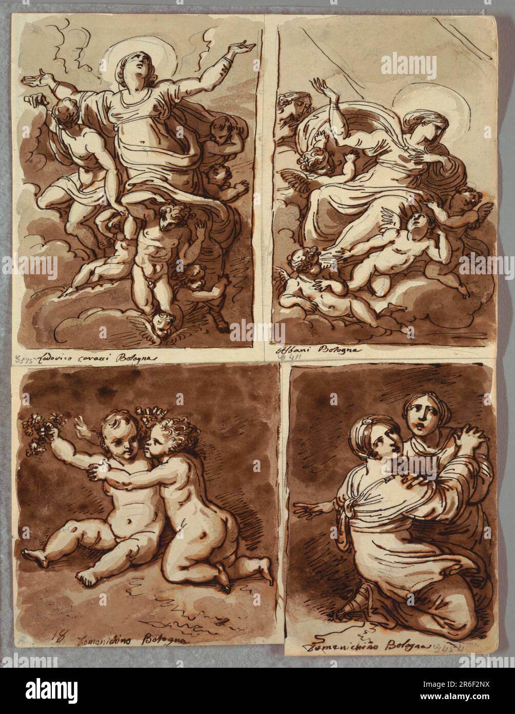 Upper left, the Virgin, with arms extended, born heavenwards through clouds by eight angels and cherubim. Upper right, Virgin born heavenwards, supported by four winged putti, with another angel at upper left. Lower left, two putti, one seated, and other kneeling, holding sprays of flowers. Lower right, two kneeling women, embracing. Date: 1821-22. Pen and ink, brush and brown wash, over black chalk on white wove paper. Museum: Cooper Hewitt, Smithsonian Design Museum. Stock Photo