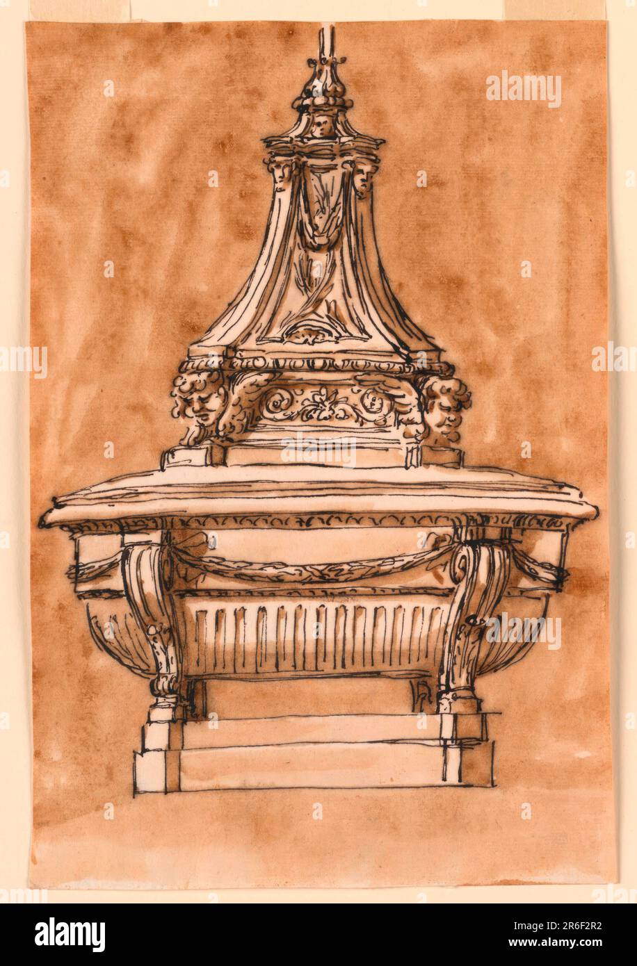 The bowl is supported at the ends by four revered consoles upon two octangonal plinths. The lower part of the bowl is fluted, the upper one has a frieze with festoons, hanging from the upper spirals of the consoles. Below, the lif in plain. Upon an octagonal base with cherubim at the oblique sides, raises a pedestal supporting a socket from which a cross springs. Only part of it is visible. Usual background. Date: ca. 1775. Pen and brown ink, brush and brown wash on lined off-white laid paper. Museum: Cooper Hewitt, Smithsonian Design Museum. Stock Photo