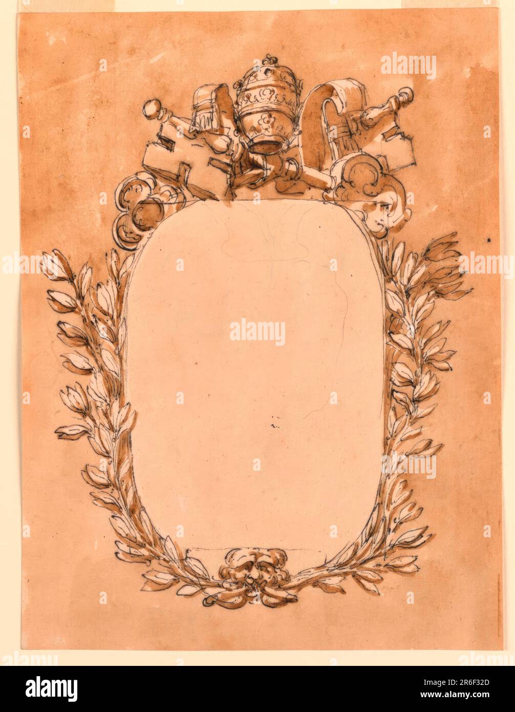 The oval tablet is framed by crossed stems springing from the mouth of a mask below. Above are the crossed keys and the tiara. Slight sketching in the tablet. Usual background. Date: 1780-1800. Pen and brown ink, brush and brown wash, graphite on off-white laid paper, lined. Museum: Cooper Hewitt, Smithsonian Design Museum. Stock Photo
