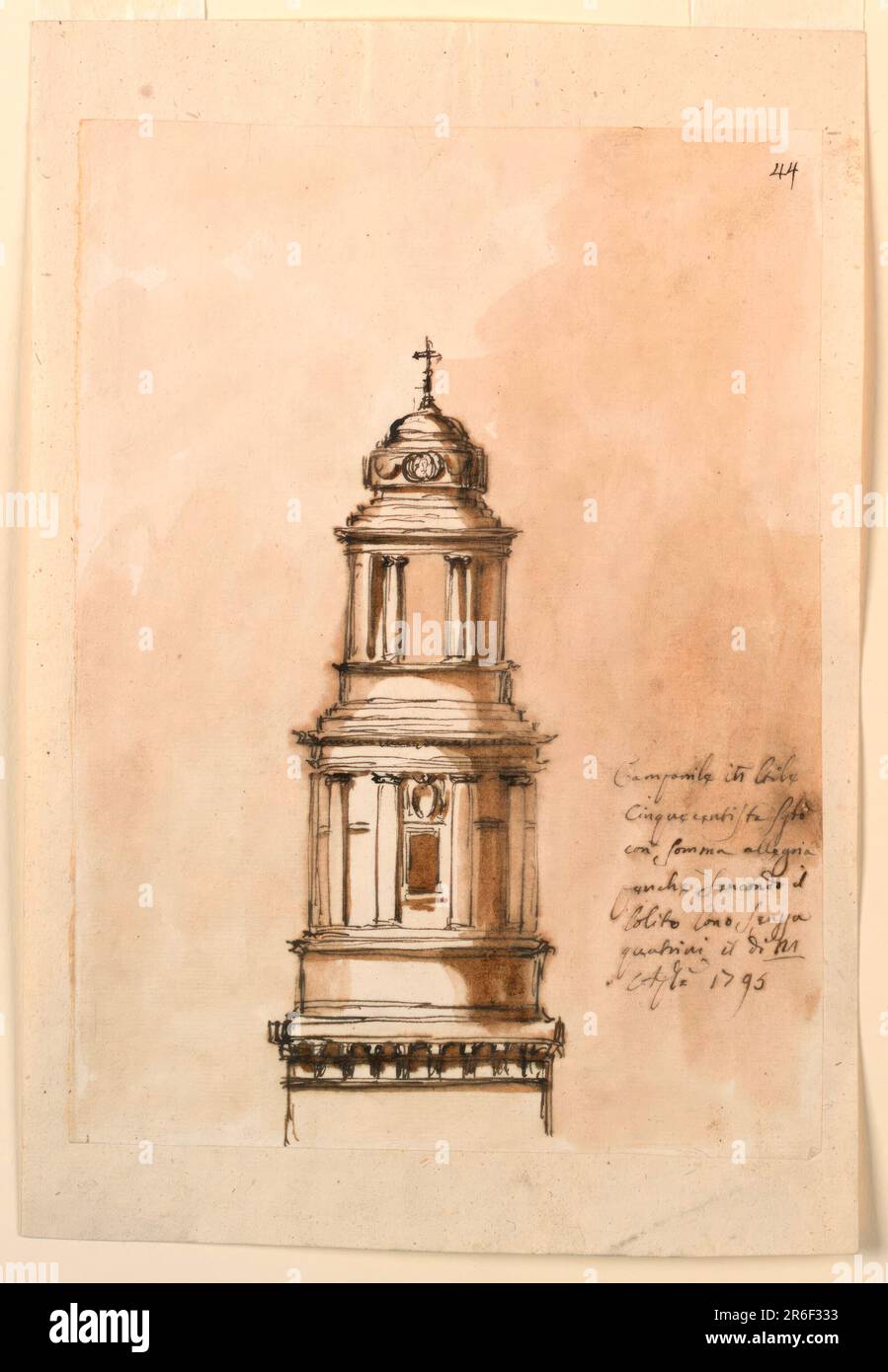 Design for a steeple. Below is the entablature of a square part. Above rises a story like a circular pavilion upon a dado with embedded columns supporting the entablature. At the front are a window and an escutcheon above it. The upper story is shaped like a similar open pavilion. On top is a dome of a kind, with a band aroudn the tambour, and a cross colored background. Date: 1795. Pen and brown ink, brush and brown wash on lined off-white laid paper. Museum: Cooper Hewitt, Smithsonian Design Museum. Stock Photo
