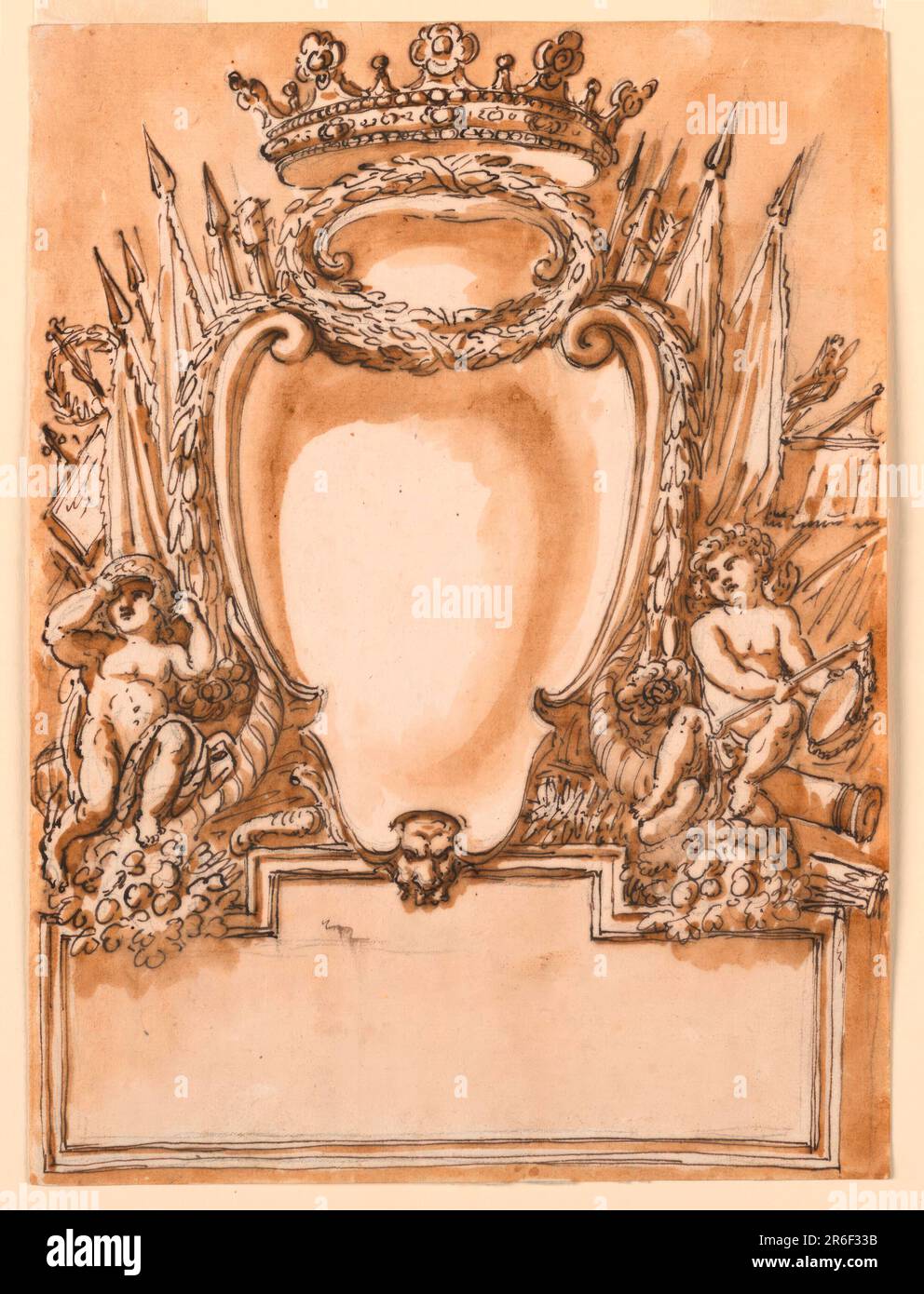 Below is a rectangularly framed tablet, rising in the center, with a mask in front. Upon it stands an escutcheon with on top a wreath with an inversed shell and a crown. Above, laterally, are the upper parts of weapons, below two putti sitting upon cornucopias, the left one with a helmet, the right one with a scale. Usual background. Date: 1780-1800. Pen and brown ink, brush and brown wash on off-white laid paper. Museum: Cooper Hewitt, Smithsonian Design Museum. Stock Photo