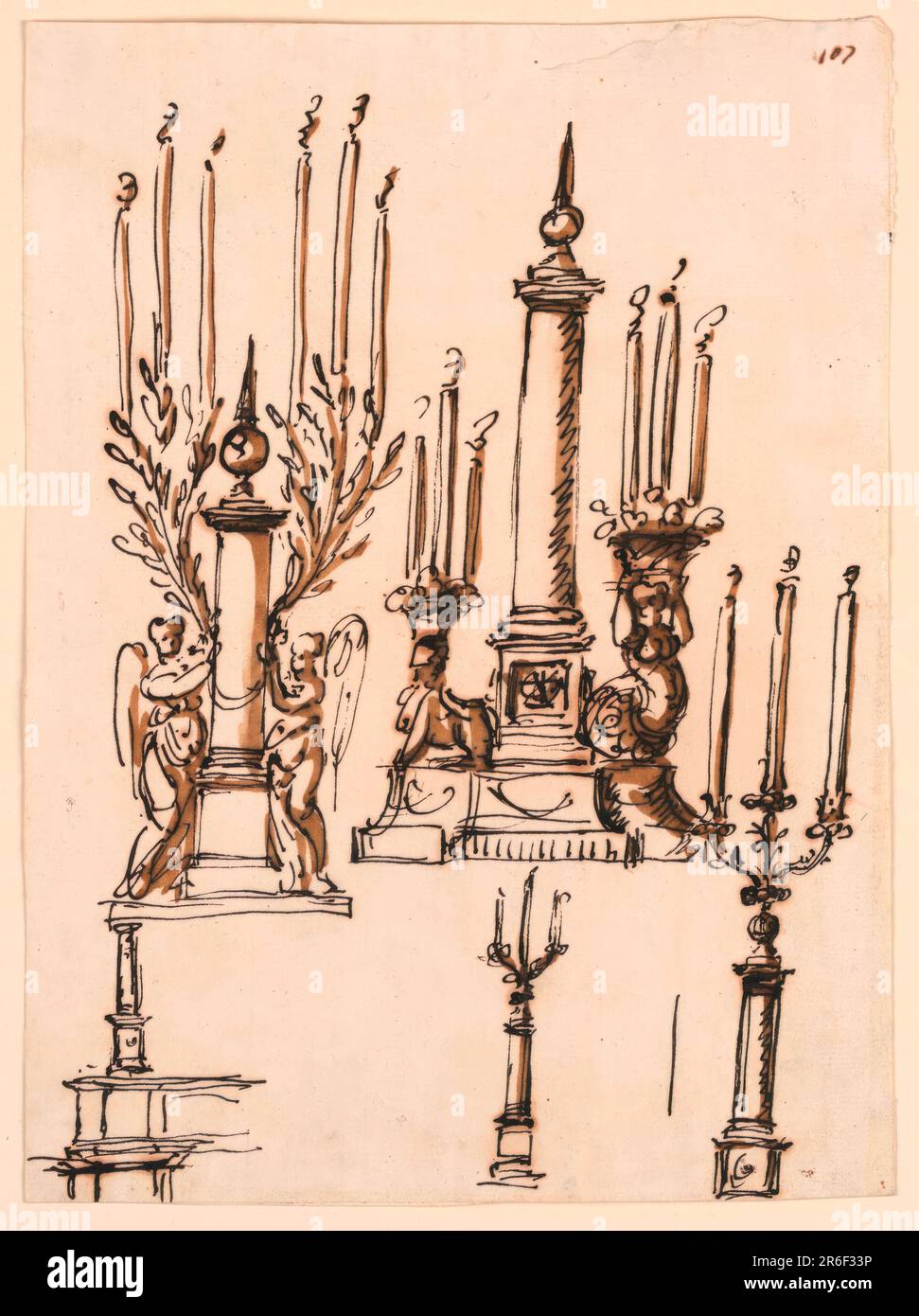 Upper row, at left: Two winged women stand beside a columna miliaria supporting brackets springing from it laterally, consisting of three branchces with burning candles. At right, with alternative suggestions: in the center of a base rises a columna miliaria, flanked at left by a sitting sphinx with a basket upon her head from which three burning candles spring, at right by a half-figure with a similar basket upon the head. Lower row, at left: a column standing near the end of a parapet. Center: a sketch like -2023, above, at left. At right: a similar design on a larger scale. Date: ca. 1790. Stock Photo