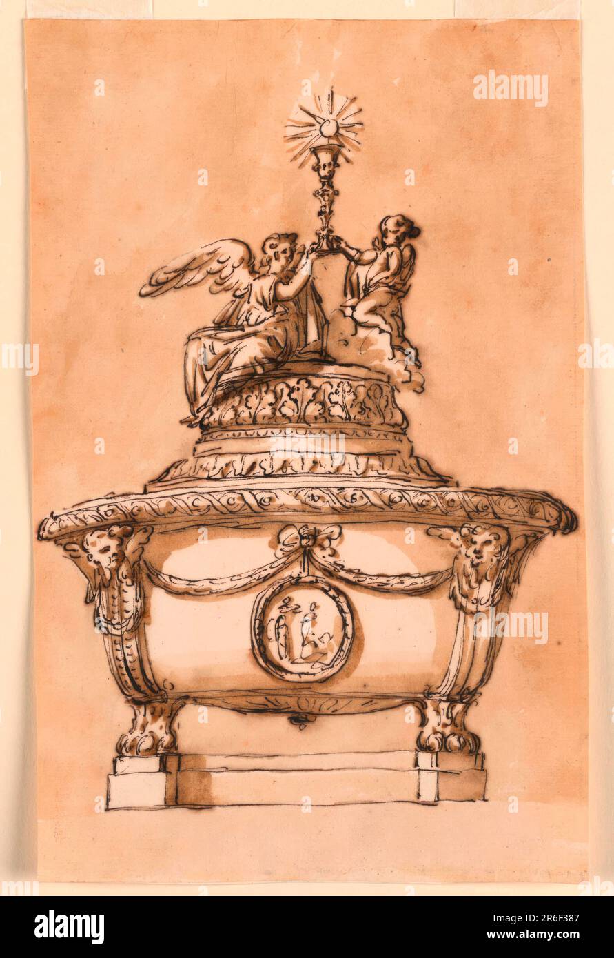 The circular bowl is supported by lion feet, two are visible upon two plinths. From the feet rise volutes with cherubim on top. In the center, above the front, is a bowknot from which hang a circular medallion with the representation of the baptism of Christ, and festoons toward the below the cherubim. The lif is framed by a round base, with a group of sitting and kneeling angels upon clouds together supporting a high chalice with the host hovering above it. Usual background. Date: ca. 1775. Pen and brown ink, brush and brown wash on lined off-white laid paper. Museum: Cooper Hewitt, Smithsoni Stock Photo