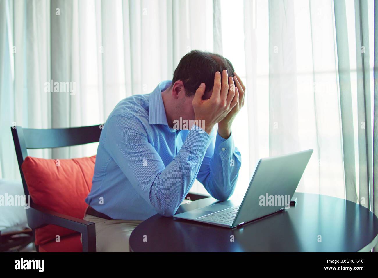 Stressed Sick Employee Man At Computer. Lazy Man Stock Photo