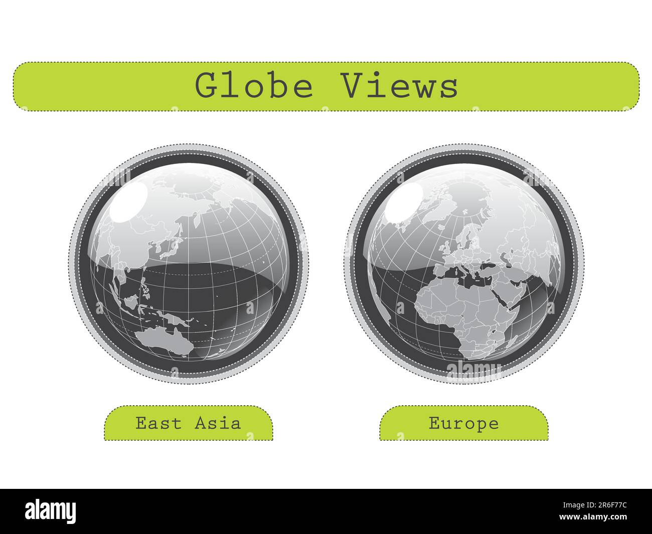 White background with different globe views. You can use the illustrations as logos, buttons, emblems. You can integrate the vectors in other proje... Stock Vector