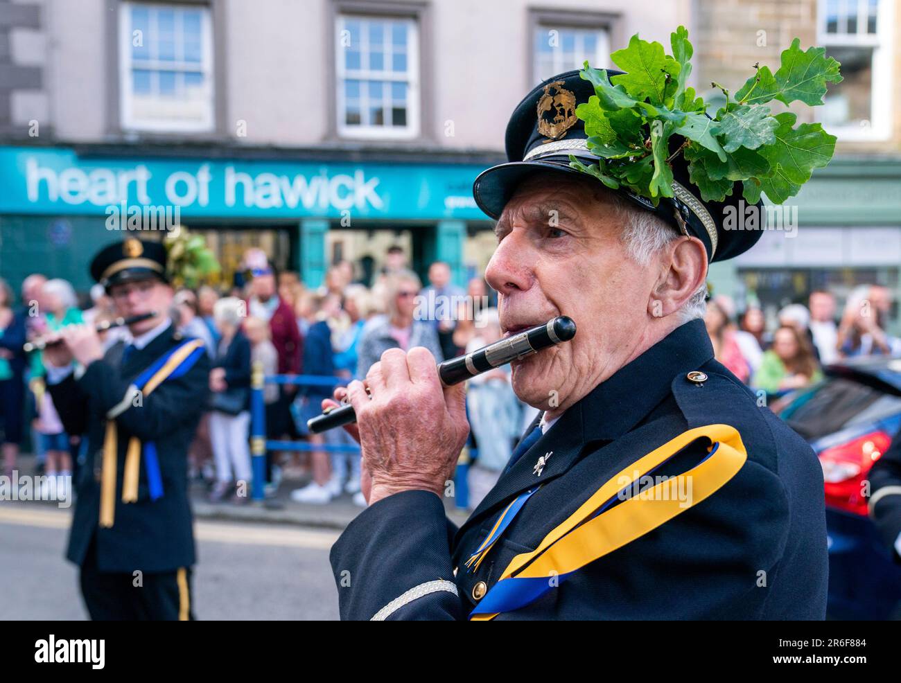Halberdiers and the Drum and Fife band play outside the Borders Textile Tower House during the