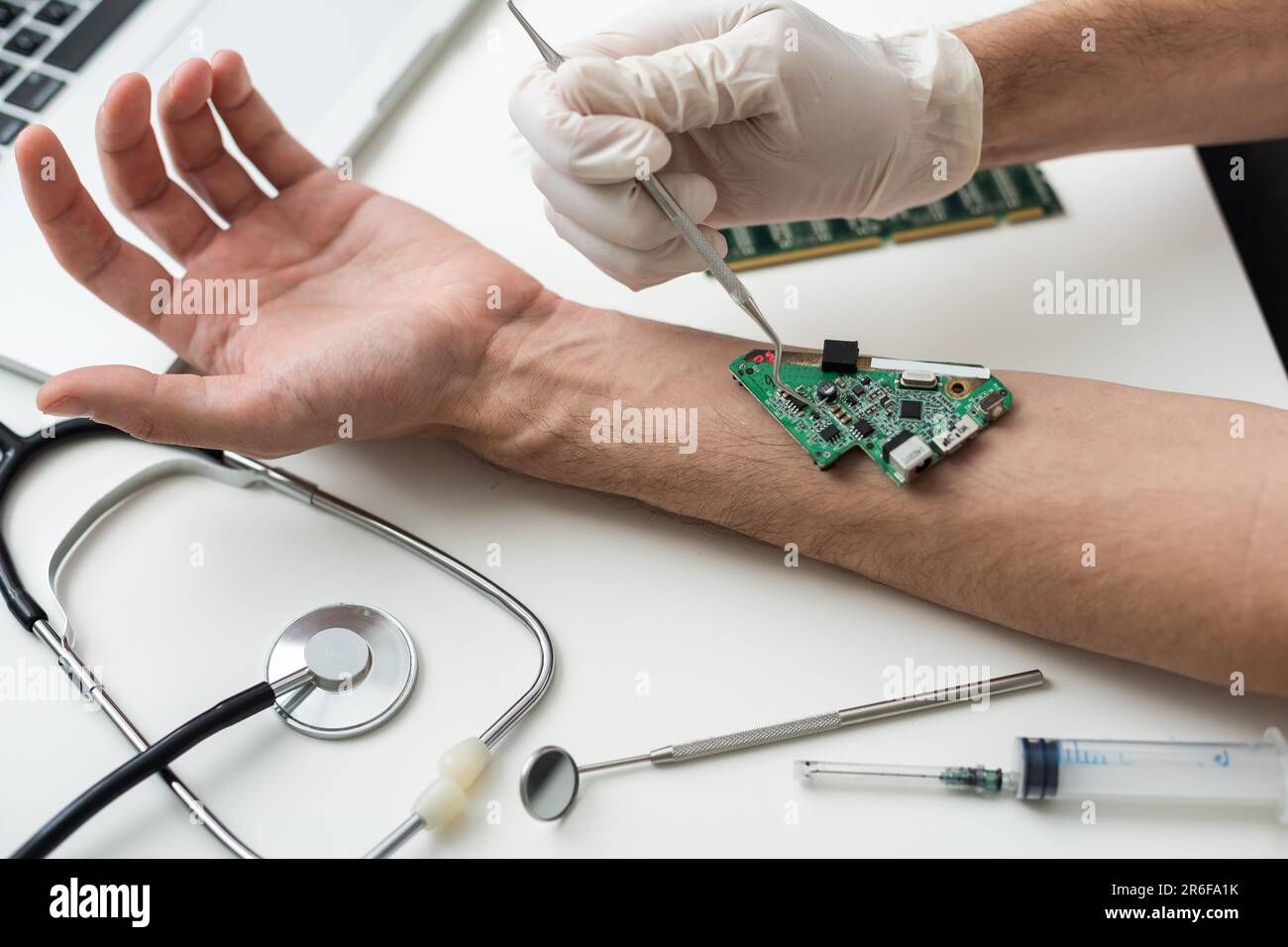 Hand with implantation of micro chip. X-Ray view close-up. Chipization of people, control population Stock Photo