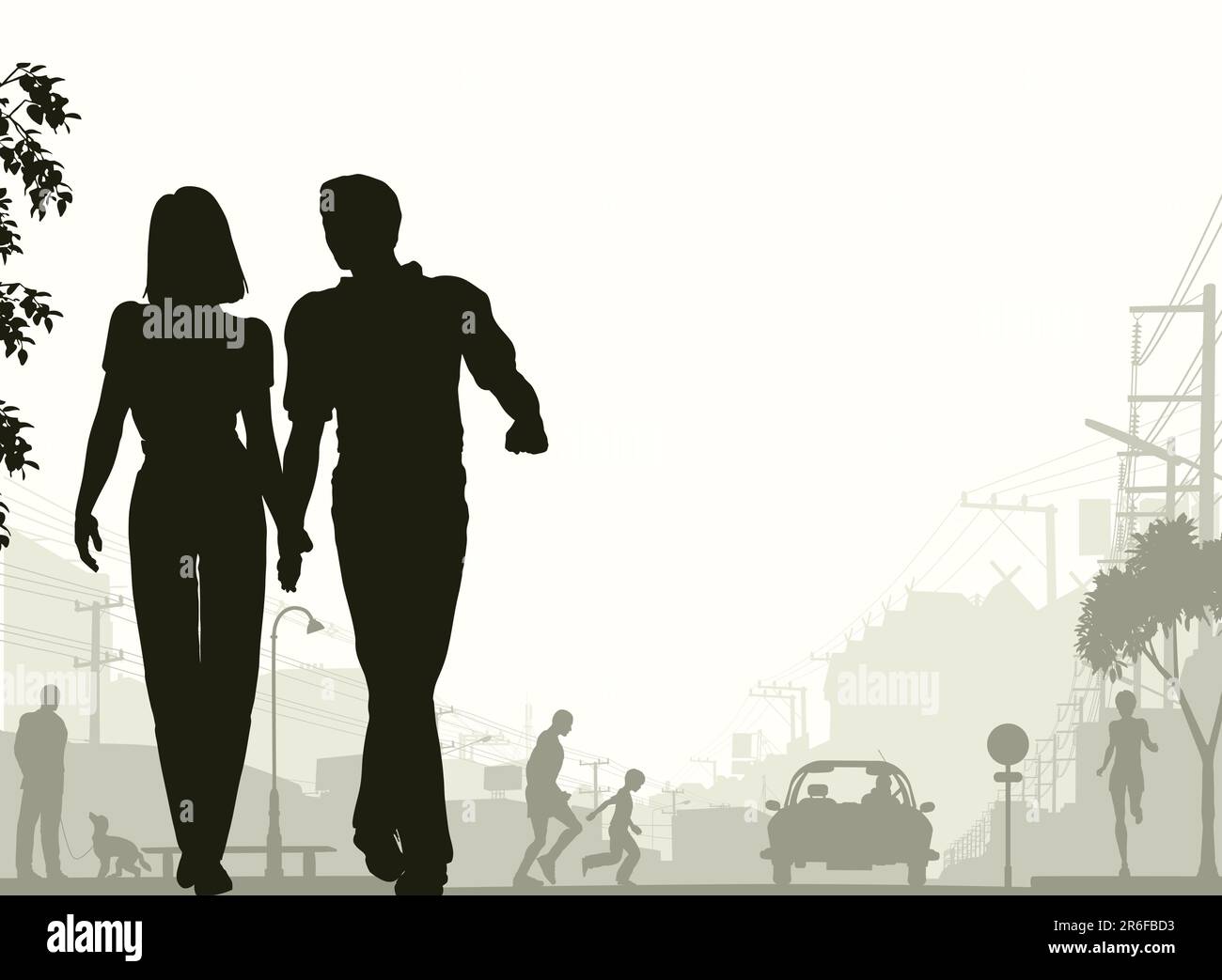 Editable vector silhouette of a couple walking down a street with all silhouette elements as separate objects. Stock Vector