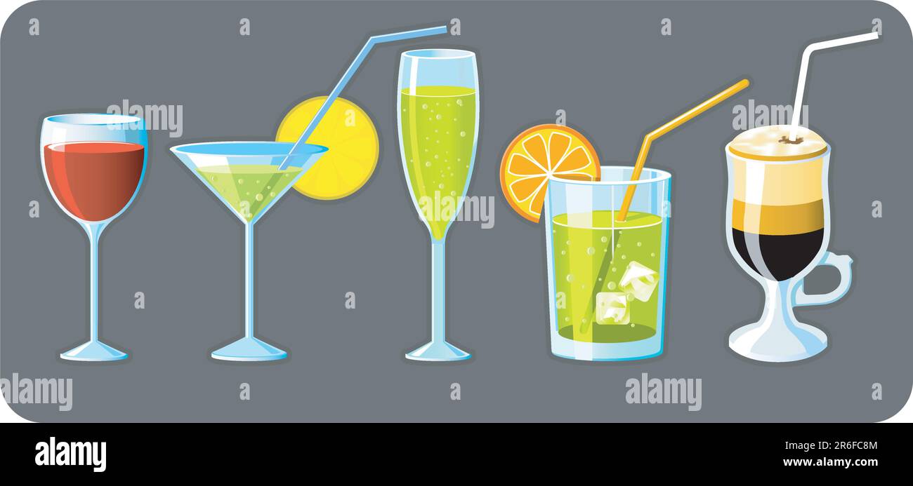 Set of five different glasses with drinks Stock Vector