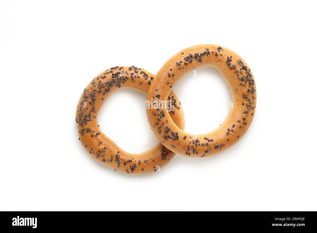 Whole bagel with poppy seeds isolated on white background. Top view Stock Photo