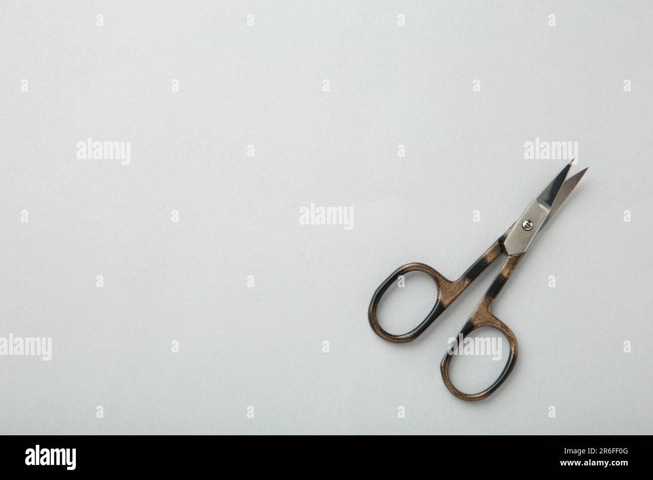 Small metal manicure scissors on grey background with copy space. Top view Stock Photo