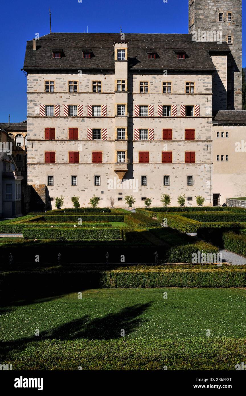 The Baroque Stockalper Palace or Stockalperpalast, built in the 1600s at Brig, near the foot of the Simplon Pass, in Valais Canton, Switzerland. Its exterior is austere and has minimal ornamentation. Stock Photo