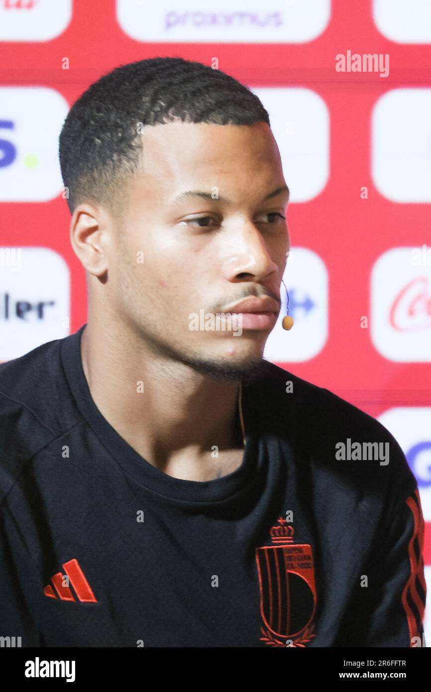 Tubize, Belgium. 09th June, 2023. Belgium's Aster Vranckx pictured during a press conference of the U21 youth team of the Belgian national soccer team Red Devils, Friday 09 June 2023 in Tubize. The Belgian U21 team is preparing for the 2023 European championships in Georgia and Romania from June 21st to July 8th. BELGA PHOTO BRUNO FAHY Credit: Belga News Agency/Alamy Live News Stock Photo