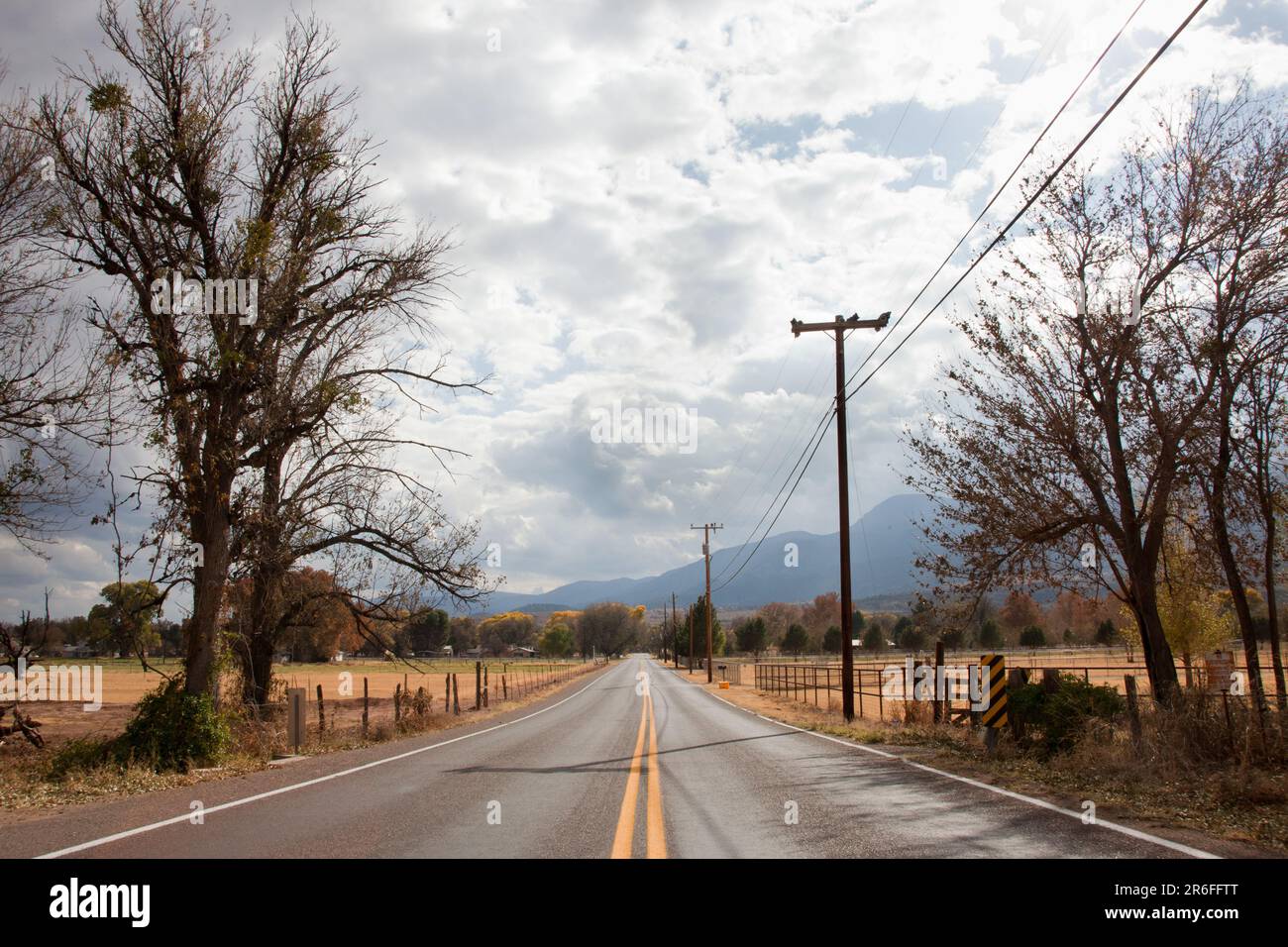 A serene and tranquil country road with power and utility lines running nearby a lush grassy field Stock Photo