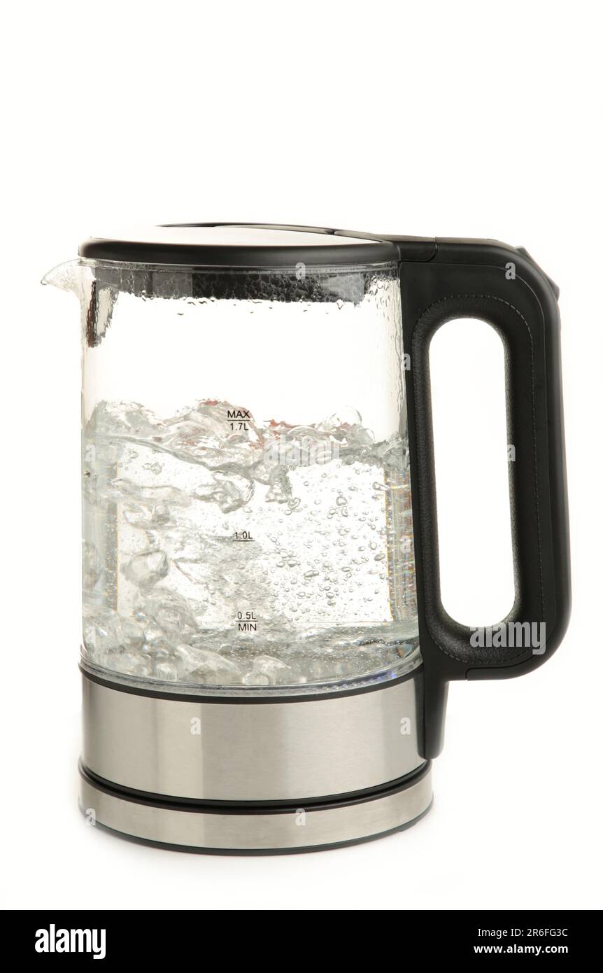 Glass electric kettle with boiling water, isolated on white. top view