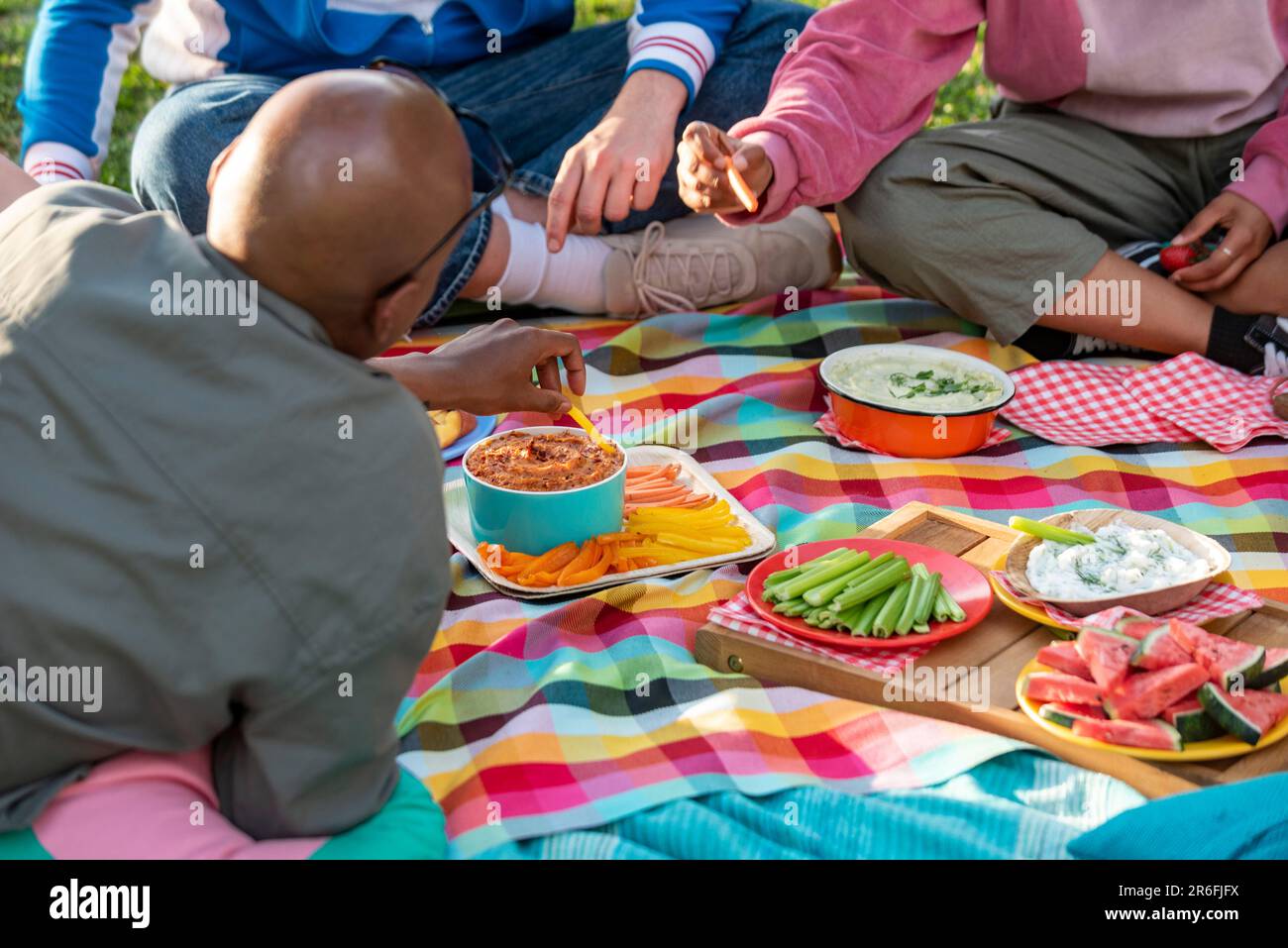 people having good time at a picnic with many vegan plates Stock Photo