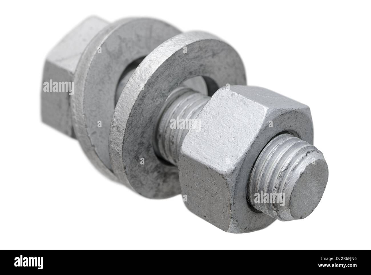 Hardware, set of bolt, nut and two washers, isolated on white