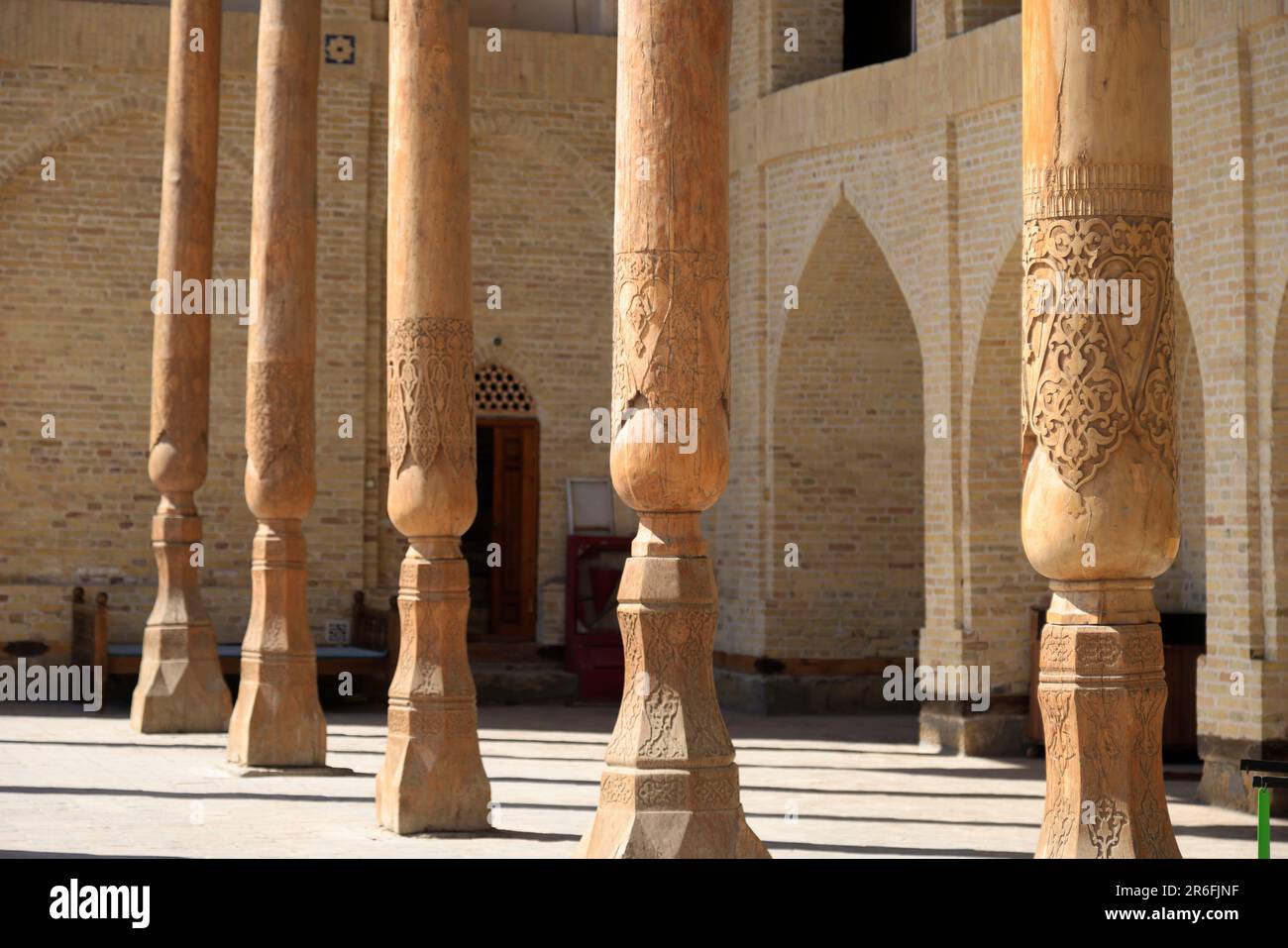 Colonnade of the Bolo Hauz Mosque in Bukhara, Uzbekistan Stock Photo