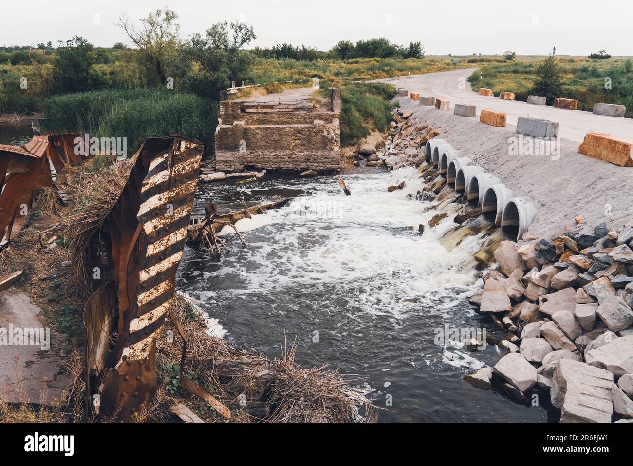 Bridge on the river, destroyed by the water flow. Catastrophe, natural