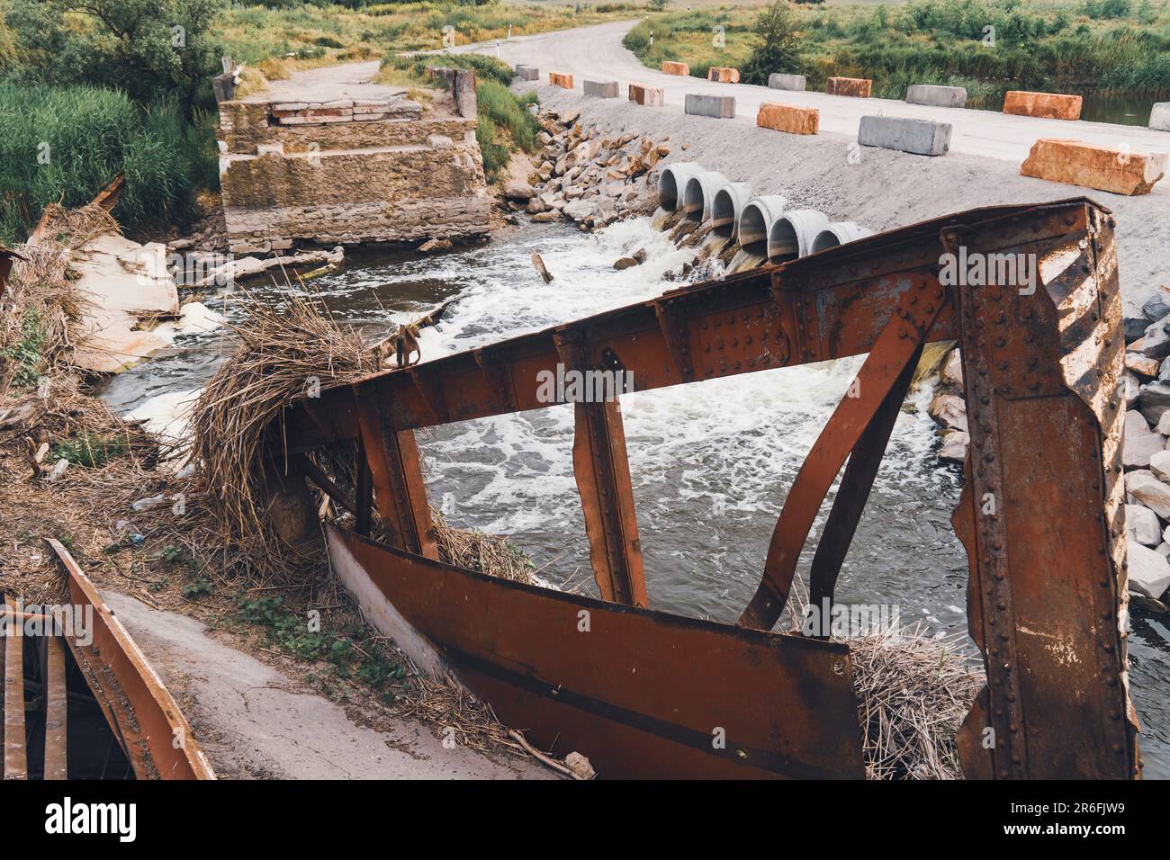 Bridge on the river, destroyed by the water flow. Catastrophe, natural