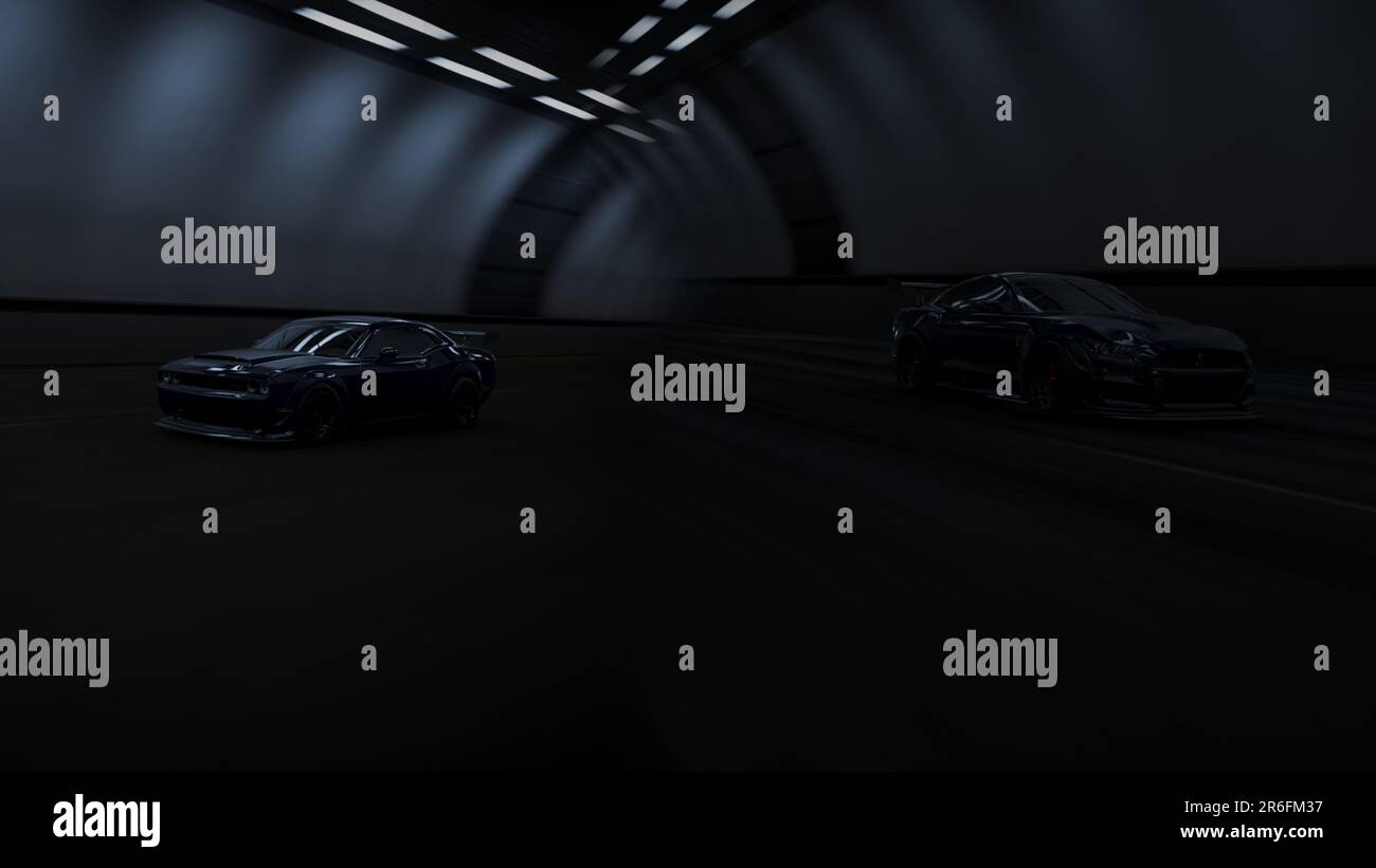 Ford 2020 Mustang Shelby GT500 x Dodge 2018 Challenger SRT Demon - Tunnel Race Stock Photo