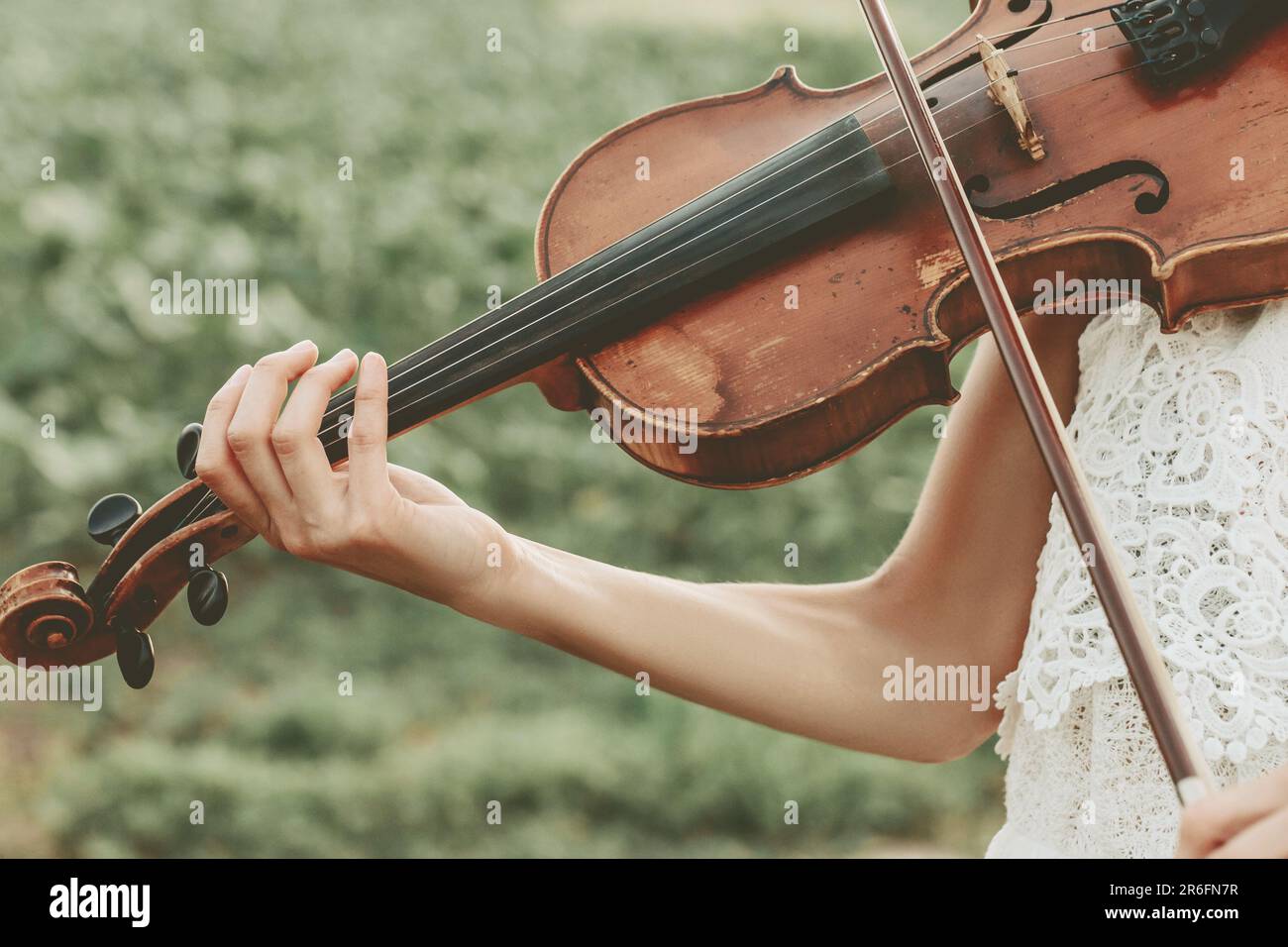 A female musician in a stunning dress performing a classical piece on a