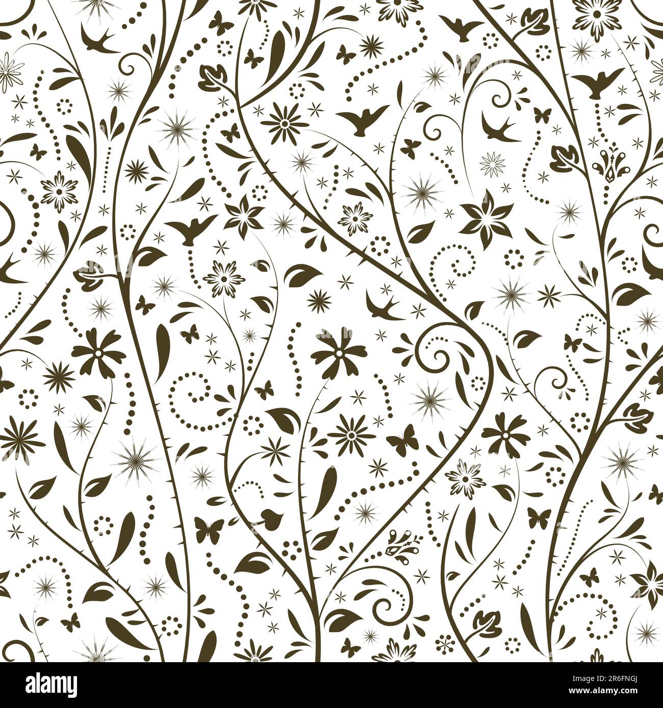 Floral pattern with flower, butterfly and bird silhouettes that tiles seamlessly. Great for spring designs. Stock Vector