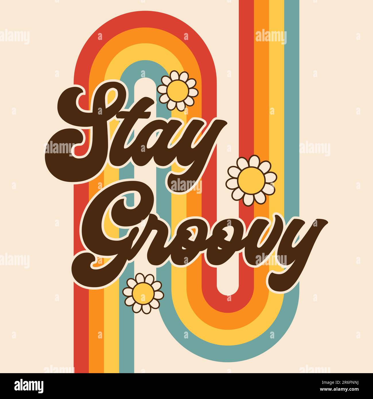 Stay Groovy Retro Rainbow Pattern with daisy flowers, Cool Boho Graphic Design illustration, 70s Vintage Style type font, fun positive phrase or sayin Stock Photo