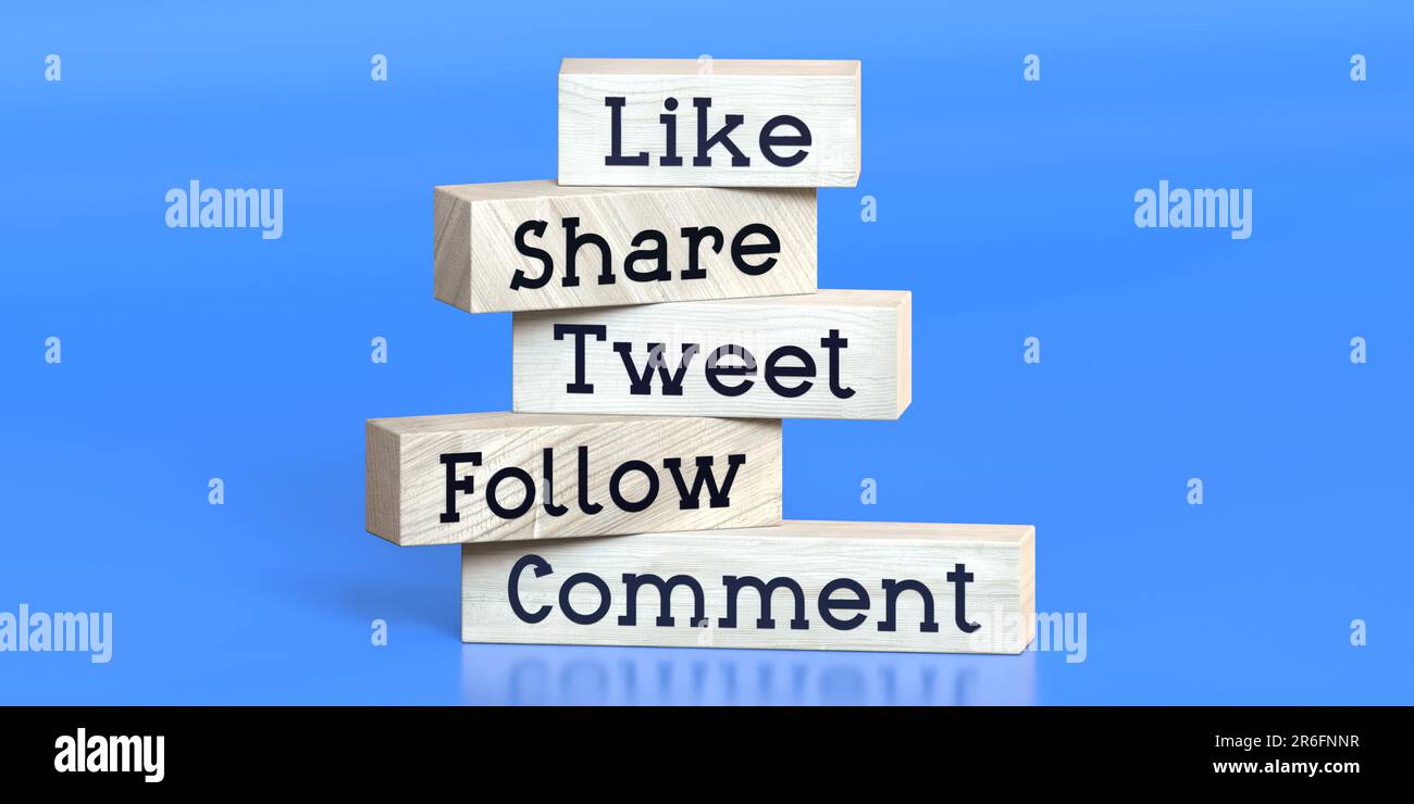 Like, share, tweet, follow, comment - words on wooden blocks - 3D ...