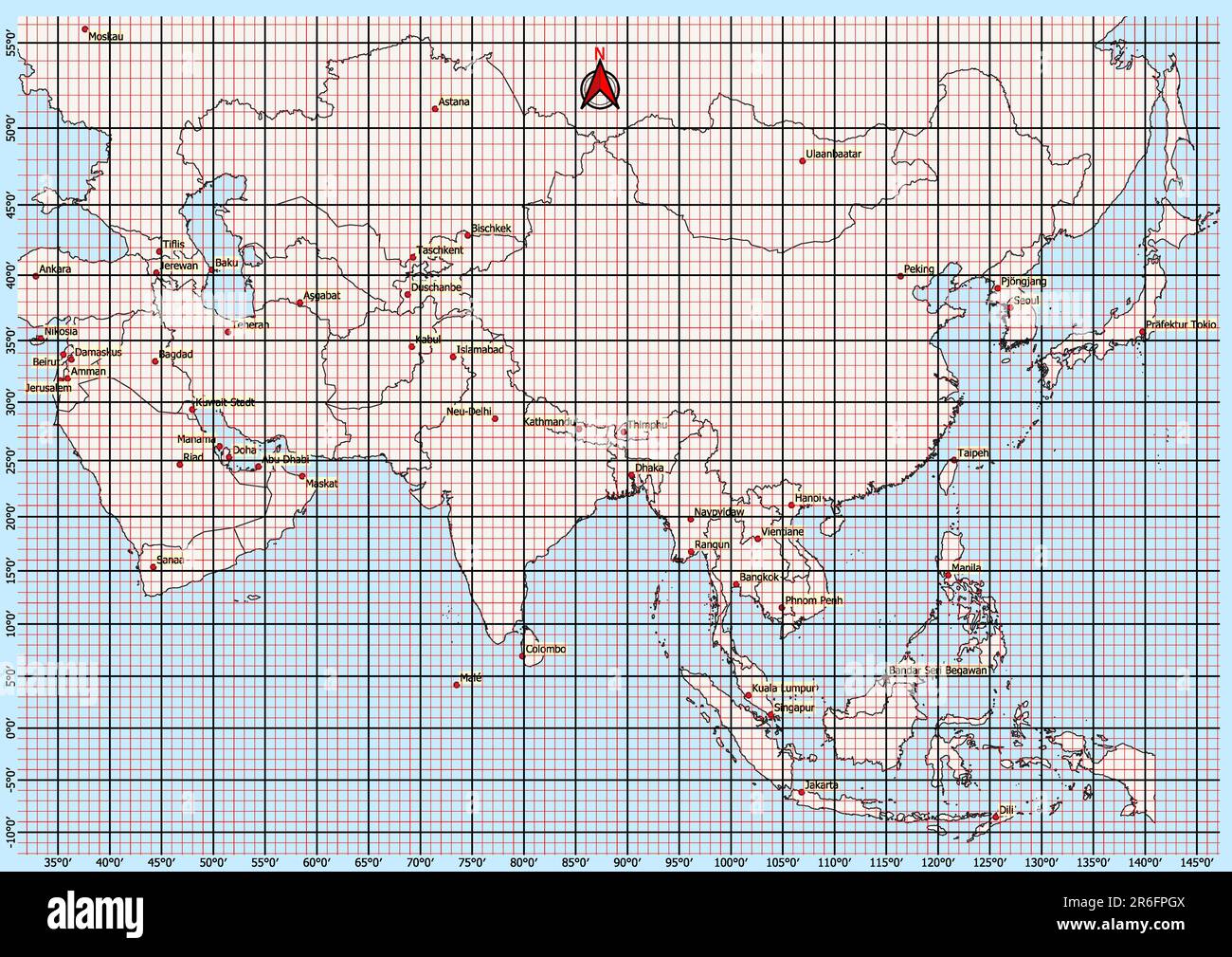 Asia Map Geographic Coordinates Latitude And Longitude German Language 2R6FPGX 